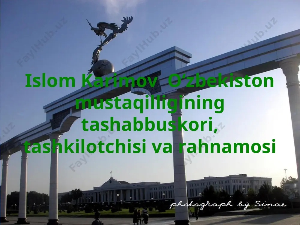 ilmu fan,ijod, shuhrating porlasin toki bor jahon! naqorat: o‘zbekiston respublikasining ma’muriy xududiy tuzilishi qoraqalpog‘iston viloyatlar toshkent shaharlar shaharchalar qishloqlar ovullar tumanlar o‘zbekiston milliy valutasi oʻzbekiston respublikasi oliy majlisining qaroriga muvofiq 1994-yil 1-iyuldan boshlab, oʻzbekiston respublikasi hududida qonuniy toʻlov vositasi boʻlgan milliy valyuta — „soʻm“ muomalaga kiritildi. 1991 yil 29-dekabrdagi prezident saylovi 1. xalq demokratik partiyasidan i.a.karimov qatnashib 87,1% ovoz oldi. 2. erk demokratik partiyasidan muhammad solih ishtirok etib 12,5% ovoz to’pladi. o’zbek modeli birinchidan, iqtisodiy islohotlar hech qachon siyosat ortida qolmasligi kerak, u biror mafkuraga bo'ysundirilishi mumkin emas. buning ma'nosi shuki, iqtisodiyot siyosatdan ustun turishi kerak. ham ichki, ham tashqi iqtisodiy munosabatlarni mafkuradan holi qilish kerak. ikkinchidan, o'tish davrida davlat bosh islohotchi bo'lishi lozim. u islohotlarning ustuvor yo'nalishlarini belgilab beri­shi, o'zgartishlar siyosatini ishlab chiqishi va uni izchillik bilan o'tkazishi shart. uchinchidan, qonun, qonunlarga rioya etish ustuvor bo'lishi lozim. buning ma'nosi shuki, demokratik yo'l bilan qabul qilingan yangi konstitutsiya va qonunlarni …