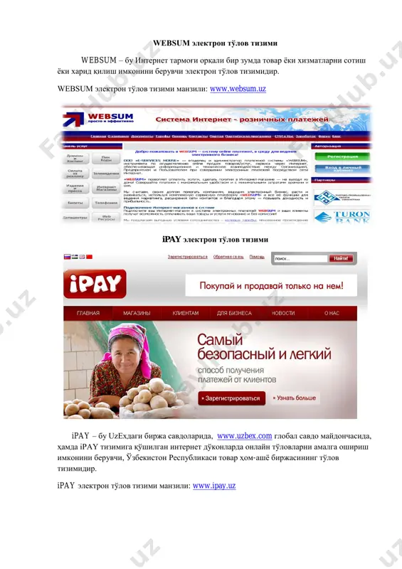 ун мўлжалланган восита. электрон кармонни тўлдириш ва улардан пул ечиш қуйидаги усуллар билан амалга ошириш мумкин: тижорат банкларида нақд пул билан банк карталари (visa, mastercard, uzkart) ёрдамида почта орқали интернет-банкингёрдамида пул ўтқазмалар тизимлари ёрдамида мобил алоқа ёрдамида visa ва mastercard карталари visa карталари бўйича йиллик савдо айланмаси 4,8 триллион ақш долларини ташкил қилади. visa карталари дунёнинг 200 дан ортиқ мамлакатларида қабул килинади. дунёда тўлов карталарининг 57% visa карталари ташкил қилади, асосий рақобатчилари mastercard 26% ва american express 13% ташкил қилади. mastercard worldwide – дунёнинг 210 мамлакатларидаги 22 минг молиявий ташкилотларни бирлаштирган халқаро тўлов тизими ҳисобланади. бош офиси ақшнинг нью-йорк шахрида жойлашган. visa ва mastercard карталари – интернетда тўлов операцияларини амалга оширишда кенг қўлланилади. интернет дўконлар ва интернет биржа websum электрон тўлов тизимидан фойдаланадиган интернет дўконлар