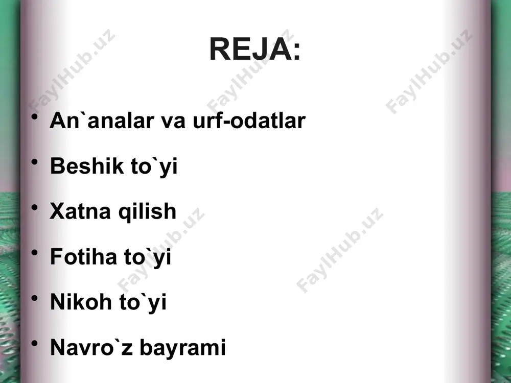 to`yi, to`y) bilan bog`liq bo`ladi. ko`pincha ular islom urf-odatlarining sehrgarlik amaliyoti bilan bog`liq bo`lgan undan ham qadimiyroq shakllarga uzviy kirib ketishini namoyon etadi. islom qabul qilinganidan beri ko`pgina oilaviy-maishiy urf-odatlar uning ta`sirida o`zgargan, o`zbeklarning hayotiga musulmon diiy marosimlari kirib kelgan. juma kuni bayram kuni hisoblanadi va shu kuni barcha yig`iladigan masjidda umumiy namoz (duo) o`qiladi. patriarxal urf-odatlar masjid, choyxonalar, bozorda o`tadigan hamda faqat erkaklar ishtirok etadigan ijtimoiy hayotda hozirgacha ham yashamoqda. beshik to`yi – chaqaloqni birinchi marta beshikka solish bilan bog`liq bo`lib, nishonlanadigan marosimli bayramdir. bu eng qakdimgi va o`zbekistronda eng keng tarqalgan marosimlardan biri. odatda bu to`y chaqaloq tug`ilishining 7-, 9-, 11- kuni o`tkaziladi. turli viloyatlarda marosim o`zicha xususiyatlarga ega bo`ladi va oilaning boyligi darajasiga bog`liq bo`ladi: o`ziga to`q oilalar odatda bu to`yni katta ko`lamda o`tkazadi, kambag`al oilalar esa uni kamtarona nishonlaydilar. beshik va chaqaloq uchun barcha zarur andomlar chaqaloq onasining qarindoshlari tomonidan beriladi. dasturxonga non, shirinliklar va o`yinchoqlar …