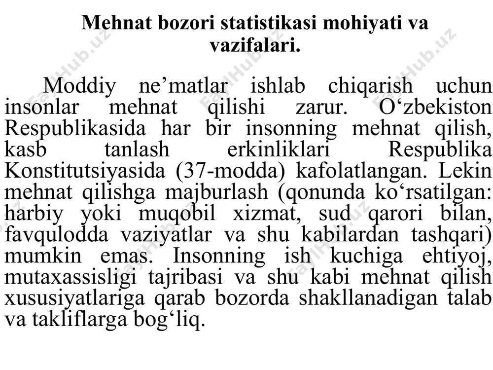 da ishlayotgan yoshlar (iyo) va nafaqachilar (in)dan iboratdir. • mehnat resurslari sonini quyidagicha hisoblash mumkin: • mr’ = mr - n + iyo + in. doimiy aholiga muayyan hududda doimiy istiqomat qilayotgan, shuningdek ushbu hududda doimiy ro’yxatda turib, lekin vaqtincha yashamaydigan shaxslar kiritiladi. aholini ro’yxatga olish ma’lumotlari aholi to’g’risidagi axborotlarning birlamchi manbasi hisoblanadi. ro’yxatga olishlar oralig’ida muayyan davr uchun aholi sonini baholash so’nggi aholini ro’yxatga olish tadbiri natijalariga har yili tug’iladiganlar va ushbu hududga keladiganlar sonini qo’shgan holda va ulardan o’lganlar va ushbu hududdan ketganlar sonini ayirgan holda amalga oshiriladi. mehnat resurslari – aholining mehnat qilishga layoqatli qismi. ularning tarkibiga nafaqat iqtisodiy faol aholi, balki boshqa, mehnatga layoqatli yoshdagi mehnatga layoqatli shaxslar toifalari, ayni paytda ishlamayotgan va ish qidirmayotganlar, ishlab chiqarishdan ajralgan holda o’qiyotganlar ham kiritiladi. mehnatga layoqatli yosh erkaklar uchun -16-59 yosh va ayollar uchun -16-54 yosh hisoblanadi. iqtisodiy faol aholi (ishchi kuchi) – aholining mahsulot va xizmatlar ishlab …
