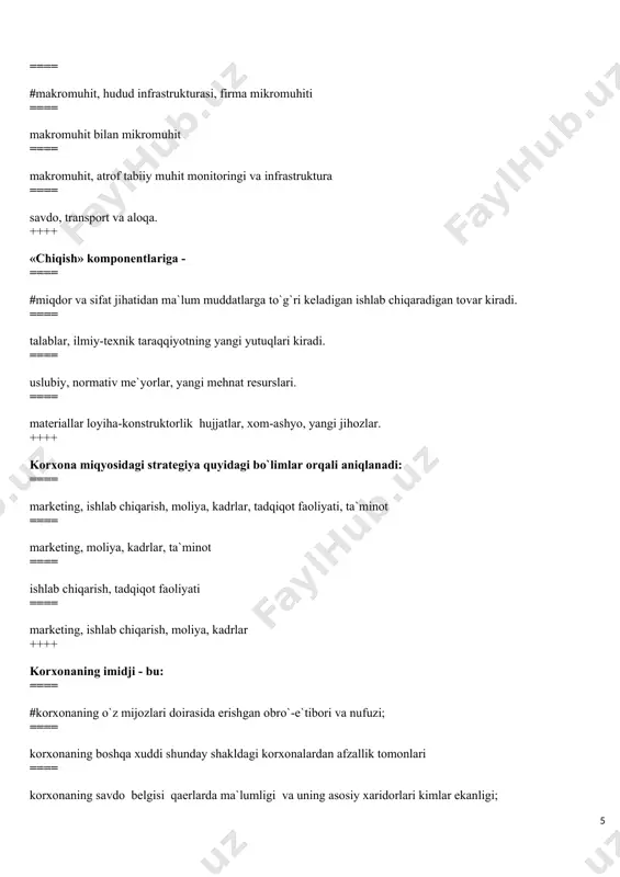 hnat faoliyatining o`zgarishi. ==== tayyor mahsulot iste`molchiga etib boradigan jarayon ==== tayyor mahsulotning oxirgi bosqichini o`tadigan jarayon ++++ ishlab chiqarish operatsiyalari bajarilishi bo`yicha quyidagilarga bo`linadi: ==== #mashina bilan, mashina qo`l, qo`l operatsiyalari ==== transport, mashina qo`l, qo`l operatsiyalari ==== yordamchi, mashina ko`l, ko`chuvchi ==== asosiy, mashina bilan, ko`chuvchi ++++ jarayon ritmligi nima ==== #bir xil o`rnatilgan ish hajmini bir xil vaqt oralig`ida har bir ish joyida bajarish ==== alohida operatsiyalarning bir vaqtda bajarilishi ==== mahsulot ishlab chiqarish bo`yicha korxona hamma bo`linmalari unumdorligining muvofiqligiga rioya qilish ==== asosiy jarayonlarning borishini ta`minlash ++++ bu qaysi formula ==== #uzluksizlik koeffitsienti ==== parallellik koeffitsienti ==== to`g`ri aniqlilik koeffitsienti ==== proportsionallik koeffitsienti ++++ ish davri bu: ==== #asosiy texnologik operatsiyalar, tarkibiy jarayonlar, ko`chuvchi va nazorat operatsiyalari davomiyligi ==== avtomatlar va yarim avtomatlar bilan bajariladigan operatsiyalar davomiyligi ==== qo`lda bajariladigan operatsiyalar yig`indisi ==== xom ashyoni ishlab chiqarishga kiritish va tayyor mahsulot hamda mahsulot ishlab chiqarishning kalendar …
