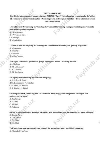 xronologiya va metrologiya test savollari — DOCX