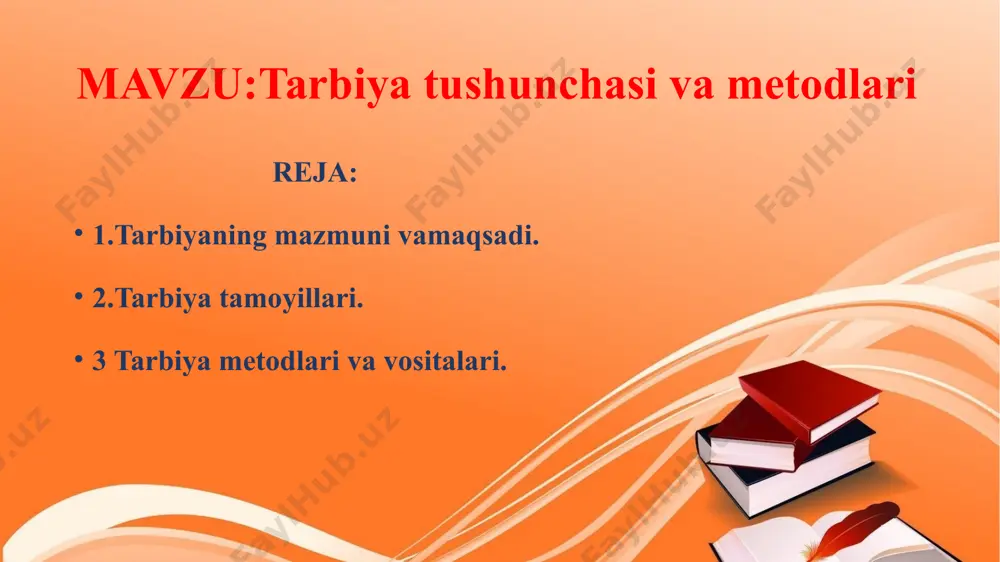vofiq o'quvchilar tomonidano'zlashtirilishi lozim bo'lgan bilim, ko'nikma vamalakalar, shaxs xulq-atvori hamda sifatlarimohiyati aks etadi. tarbiya mazmuni shaxsning shakllanishiga qo'yiluvchi ijtimoiy talablarmohiyatidan iborat bo'lib, ijtimoiy-iqtisodiytaraqqiyot, kishilik munosabatlari mohiyati vadarajasi, shuningdek, jamiyat mafkurasi g'oyalariasosda belgilanadi. zamonaviy tarbiya mazmunidaquyidagi tamoyillar yotadi: tarbiya tamoyillari tarbiya maqsadining aniqligi bolalar va kattalarning birgalikdagi faoliyati o`z-o'zini anglash tarbiyannng shaxsgayo'naltirilganligi ixtiyoriylik jamoa yo'nalishi tarbiya maqsadining aniqligi. o'zbekiston respublikasi ijtimoiy-siyosiy mustaqilligining dastlabki yillaridayoq respublikada, amalga oshirilishi ko'zda tutilayotgan tarbiya maqsadi aniq belgilab olindi. o'zbekiston respublikasi «ta'lim to`g`risida»gi qonuni hamda «kadrlartayyorlash milliy dasturi» g'oyalariga ko'ra ijtimoiy tarbiyaning asosiy maqsadi-yorqin, ijodkor, mustaqil fikr egasi bo'lgan komil inson va malakali mutaxassisni tarbiyalab voyaga yetkazishdan iborat. ushba maqsadga erich yo'lidagi asosiyvazifa - bu shaxsda umumiy madaniyat unsurlari,ya'ni, shaxsning aqliy, axloqiy, jismoniy, estetik,iqtisodiy, ekologik, huquqiy, siyosiy hamda mehnat madaniyatini targ'ib qilishdan iborat. bolalar va kattalar bilan birgalikda ishlash faoliyat. bolalar bilan o'qituvchilar ma'naviy madaniyatni shakllantirish xuddi shu asosda eng yaxshi namunani qidiring o'qituvchi hayot …