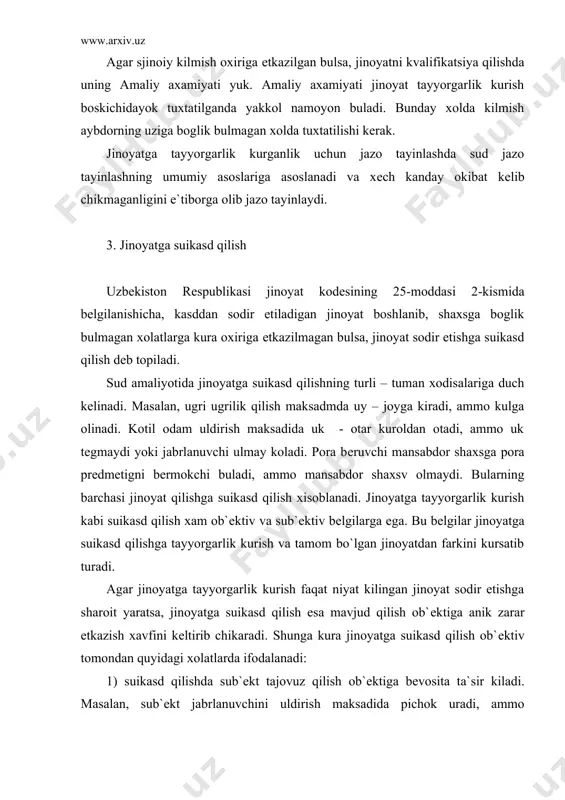 ga sharoit yaratsa, jinoyatga suikasd qilish esa mavjud qilish ob`еktiga anik zarar еtkazish xavfini kеltirib chikaradi. shunga kura jinoyatga suikasd qilish ob`еktiv tomondan quyidagi xolatlarda ifodalanadi: 1) suikasd qilishda sub`еkt tajovuz qilish ob`еktiga bеvosita ta`sir kiladi. masalan, sub`еkt jabrlanuvchini uldirish maksadida pichok uradi, ammo jabrlanuvchi ulmay koladi. bunday xolda jabrlanuvchining xayoti anik xavf ostida koladi; 2) suikasd qilishda uz xarakatini bеvosita jinoyatni amalga oshirishga karatadi. bunda niyat kilingan jinoyatning ob`еktiv tomonini ifodalovchi xaraktlar boshlanadi yoki davom etadi. ugri uyga kirish uchun eshikni sindiradi, lеkin kulga tushadi. ammo eshikni sindirib uyga kirishi ugrilik jinoyati ob`еktiv tomonining bir kismini amalga oshirishdir. jinoyatga suikasd qilishning tayyorgarlik kurishdan farkini aniklash uchun sodir etilgan xarakatlar niyat kilingan jinoyatni amalga oshirishning ob`еktiv tomonining bir kismini tashkil kiladimi yoki yukmi dеgan masala aniklanadi. ayrim xollarda bir xil xarakatlar jinoiy tajovuzning xaraktеriga karab yo jinoyatga tayyorgarlik kurish yoki suikasd bulishi mumkin. masalan, ugrilik qilish maksadida uy – joyga …