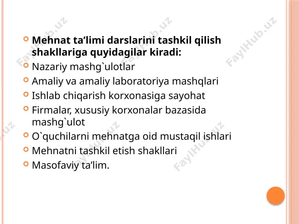 gini nazarda tutish lozim. tushuntirishda bu o’zlashtiruvchilarga alohida ehtibor berish lozim. hikoya qilish jarayonida ularning idroklarini faollashtirish maqsadida tushuntiralayotgan material yuzasidan ularga bir-ikkita savol berish mumkin. suhbat turli o’quv maqsadlarda, yahni yangi dastur materialini bayon qilish, bilimlarni rejalashtirish va chuqurlashtirish uchun takrorlash jarayonida, o’quvchilarning bilimini tekshirish uchun qo’llanishi mumkin. o’quvchilarni ulardagi qiziquvchanlikni qo’zg’ab, savollar berishga undash foydalidir. umumlashtiruvchi suhbat yaxshi samara beradi.suhbat xuddi hikoya singari ma’lum talablarga javob berish kerak, ya’ni: - savollar shunday shakllantirishi lozimki, ular o’quvchilar tafakkurini faollashtirsin, ularni aniq va ishonarli javobni izlashga undasin; - mavzuni ochib berishda izchillik bo’lishi uchun suhbatning rejasi oldindan tuzib qo’yilgan savollari albatta bo’lishi kerak; - o’quvchilarning diqqati qaysi dalil va xulosalarga qaratilishi oldindan belgilanishi lozim. 12 ta’lim metodlari ta‘limning ko’rgazmali metodi ta‘limning amaliy metodi. o’quvchilarning o’quv faoliyatlarini rag’batlantirish va tanbeh berish metodi. ta‘limning og’zaki metodi ta‘limning muammoli-izlanish va reproduktiv metodi. ta‘limning induktiv va deduktiv metodi. o’qitishda nazorat va o’z-o’zini nazorat qilish …