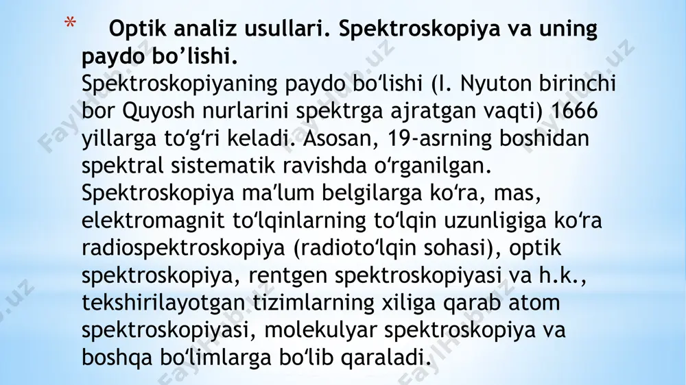 orug’lik filtrlari va har xil qalinlikka ega bo’lgan kyuvetalar tanladik .yorug’lik filtrini tanlashda kyuvetaga tekshiriladigan eritmadan quyilib, uning optik zichligi hamma yorug’lik filtrlari ishlatilgan holda ketma-ket o’lchadik. so‘ngra olingan ma’lumotlar asosida optik zichlikning to’lqin uzunligiga bog’liqlik chizmasi tuzidik chizmaning optik zichligi eng katta bo’lgan to’lqin uzunligi qiymatini topdik. image1.png image2.wmf image3.jpeg image4.jpeg 1 2 3 4 5 6 7 8 /docprops/thumbnail.jpeg