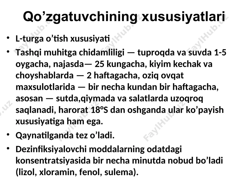 bemorlarda tashuvchi bo’ladi ko’p yillar mobaynida ba’zan umrbod patogenezi odam organizmining ayrim tif antigenlariga (o – antigen) immunologk tolerantligini. t va v limfotsit va makrofaglarning - immunokompetent hujayralarning normal kooperatsiyasini buzilishi qo’zg’atuvchining hujayra ichi makrofaglarida parazitlik qilishi va l-formaga o’tishi. yondosh kasalliklar pielit, pielonefrit, xolesistoxolangit va parazitar kasalliklarning bo’lishi. diagnostikasi anamnez: epidemiologik ma’lumotlar isitma va intoksikatsiya bo’lishi laborator uslublar: qonni va axlatni bakteriologik tekshirish qonni umumiy taxlili serologik uslublar: immunoferment analiz (ifa) radioimmun analiz (ria) reaksiya koagglyutinatsii (rka) passiv gemagglyutinatsiya reaksiyasi vidal reaksiyasi reaksiya o-agregatgemagglyutinatsiya (o-aga) bu uslublarning ishonchligigi 90—95% ni tashkil etadi. qiyosiy tashxisoti brutsellyoz ku-isitma toshmali tif bezgak salmonellyozning tarqoq turi o’tkir respirator virusli infeksiyalar kollagenozlar va boshqa somatik kasalliklar bilan davolash qat’iy yotoq rejimi – butun isitma davomida va isitma tushgandan keyin 1 haftagacha parxez № 4a etiotrop davo patogenetik davo etiotrop davo tana harorati normallashgandan so’ng davolash muolajalari kasallikning 10-kungacha davom etishi lozim. kasallikning turi va …