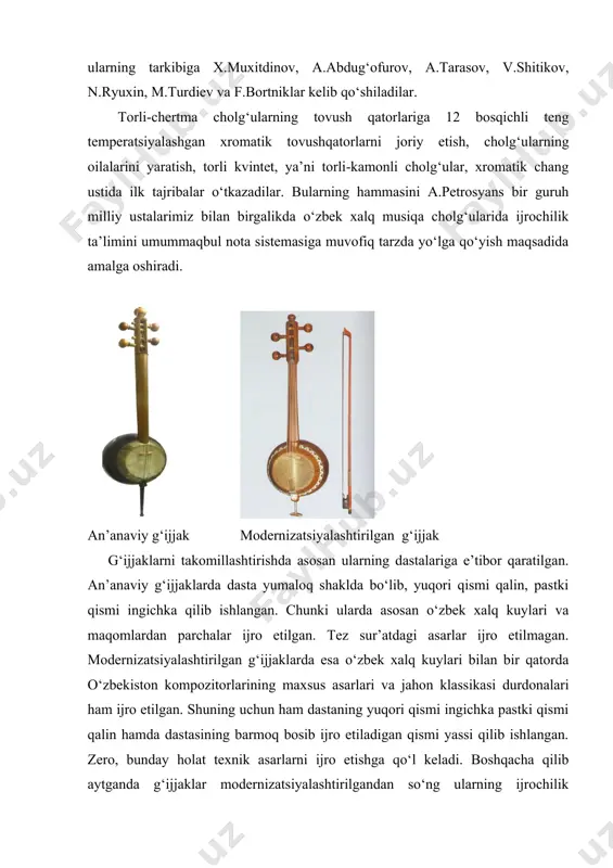 r diapazonini kengaytirish; 4–tovush chiqarish, ya’ni ijrochilik imkoniyatlarini qulaylashtirish; 5 – cholg‘ularni yangi texnologiya asosida yaratish. an’anaviy dutor modernizatsiyalashtirilgan dutor shu tariqa an’anaviy dutor asosida dutor-tenor (900mm.li) cholg‘usi yaratildi. bunda birinchi bo‘lib dastada joylashgan boylanma diatonik tovushqator 12 bosqichli teng temperatsiyalangan va dastaga o‘rnatilgan xromatik tovushqator bilan almashtirildi. shuningdek dutor-tenor asosida dutor-prima, dutor-sekunda, dutor-alt, dutor-bas va dutor-kontrabasdan tashkil topgan dutorlar oilasi yaratildi. g‘ijjaklar singari dutorlar oilasidan ham orkestrlar tashkil etildi. bunday jamoalar o‘quv jarayonida ko‘p qo‘llanilgan, hozirgi kunga qadar bolalar musiqa va san’at maktablarida, shu bilan birga akademik litsey, musiqa kollejlari hamda oliy o‘quv yurtlarida orkestr ijrochiligi amaliyotida qo‘llanilmoqda. dutorlar oilasi qashqar ruboblari ham xuddi shu tarzda modernizatsiyalashtirilgan. qashqar rubobi dastasidagi boylanma pardalar, dastaga o‘rnatilgan mustahkam parda bilan, diatonik tovushqator xramatik tovushqator bilan almashtirilgan. shuningdek qashqar rubobi asosida prima-rubobi, metsosoprano-rubabi, kichik-rubob hamda alt-rubobi yaratilgan. ushbu cholg‘ular hozirgi kunda yakkanavoz va jo‘rnavoz sifatida amaliyotda keng qo‘llanulmoqda. shu bilan birga dutor bas …