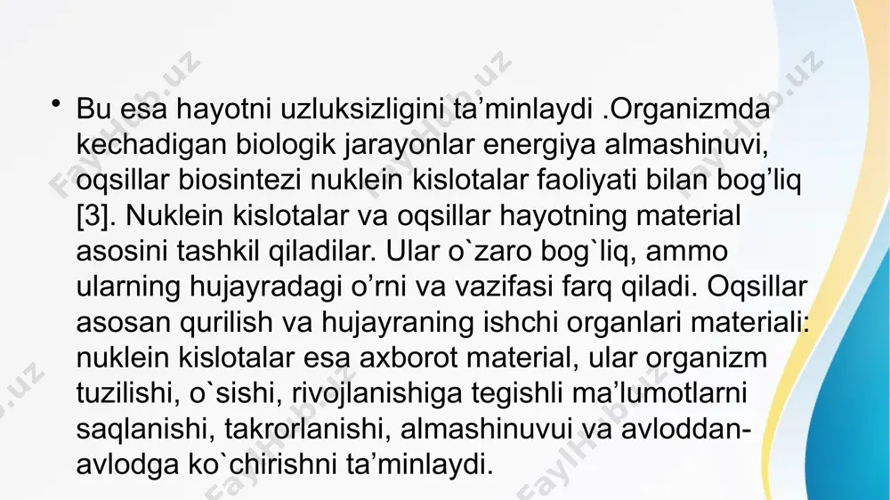 oplazma nuklein kislotasi nukleotidlar siz dnk va rnk haqida eshitgan bo'lishingiz mumkin: bu molekulalar tirik mavjudotlarning (jumladan, biz odamlarning!) xususiyatlarini aniqlaydigan genetik ma'lumotni o'z ichiga oladi. ammo dnk va rnk aslida nimadan iboratligini bilasizmi? dnk va rnk nuklein kislotalar, nuklein kislotalar esa nukleotidlar deb ataladigan qurilish bloklaridan iborat. bu erda biz nukleotid nima ekanligini tasvirlaymiz, uning tarkibiy qismlari va tuzilishini batafsil ko'rib chiqamiz va uning nuklein kislotalar va boshqa biologik molekulalarni hosil qilish uchun qanday bog'lanishini muhokama qilamiz. nukleotid va nuklein kislota davom etishdan oldin, keling, bir narsani aniqlab olaylik: nukleotidlar nuklein kislotalardan farq qiladi. a. nukleotid monomer, nuklein kislota esa polimer hisoblanadi. monomerlar bu oʻxshash molekulalar bilan bogʻlanib, polimerlar deb ataladigan yirik molekulalarni hosil qiluvchi oddiy molekulalardir. nukleotidlar bir-biri bilan bog'lanib, nuklein kislotalarni hosil qiladi. nuklein kislotalar irsiy ma'lumot va hujayra funktsiyalari uchun ko'rsatmalarni o'z ichiga olgan molekulalardir. nukleotid ta'rifi birinchi navbatda nukleotidning ta'rifini ko'rib chiqamiz. nukleotidlar nuklein kislotalarning …