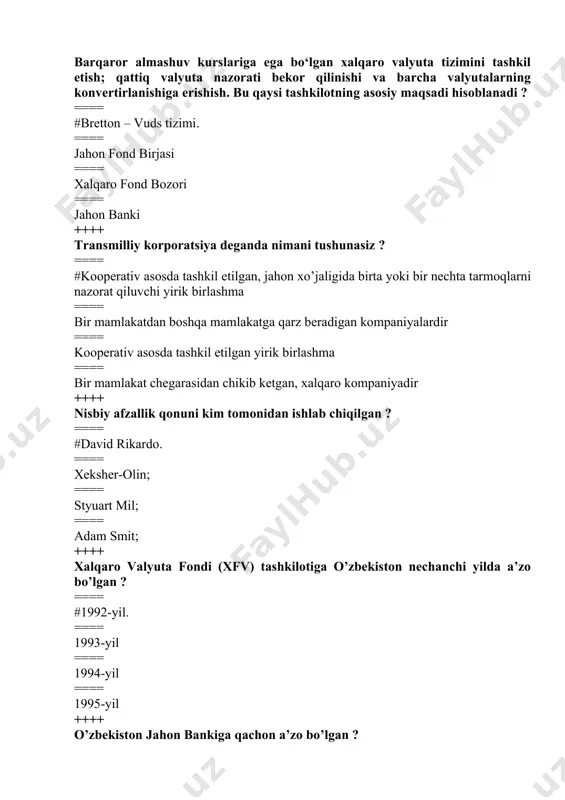 blar to’g’ri. ==== mahsulotlar va xizmatlarni ayirboshlash ==== yangi ilmiy texnik ma’lumotlarni ayirboshlash ==== valyuta ayirboshlash ++++ tashqi savdoning rivojlantirish muammolari ==== #eksport va import tuzilishidan. ==== eksportni tuzilishidan ==== importni tuzilishidan ==== mahsulotlar va xizmatlarni ayirboshlash ++++ tashqi savdo- ==== #mamlakatni boshqa davlatlar bilan import va eksporti. ==== mamlakatni boshqa mamlakatlar bilan olib boradigan iqtisodiy munosabati ==== chet mamlakatlar bilan savdo sotiq ishlarini yuritish ==== milliy iqtisodiyotni rivojlantirishga qaratilgan siyosat ++++ tashqi savdo balansi bu: ==== #eksport va import qiymati o’rtasidagi nisbat. ==== bozordagi tovarlarning muntazam va surunkasiga ta’minoti ==== mamlakatlar o’rtasidagi mahsulotlarni bir xilda ishlab chiqarishni ta’minlash ==== milliy iqtisodiyotni yaxshilash uchun mahsulotlarni ayirboshlashni oshirish ++++ tmk (trans milliy korporatsiy bu- ==== #kooperativ asosda tashkil qilingan jahon xo’jaligida birta yoki bir nechta tarmoqlarni nazorat qiluvchi yirik birlashmalar ==== bir mamlakat chegarasidan chiqib ketgan, xalqaro va hududiy tashkilotlar ==== faqat mamlakat ichida faoliyat olib boruvchi tashkilotlar ==== biron – …