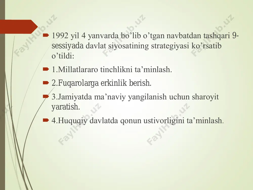 iyatlar va yo‘nalishlarga muvofiq ravishda o‘zbekistonning jahon hamjamiyatiga kirib borishi; o‘zbekistonning davlat mustaqilligi e’lon qilinishi. o‘zbekiston respublikasi konstitutsiyasi muqaddima, 6 ta bo‘lim, 26 ta bob, 128 moddalarni o‘z ichiga oladi. muqaddima asosiy prinsiplar ma’muriy-hududiy va davlat tuzilishi konstitutsiyaga o‘zgartirish kiritish tartibi inson va fuqarolarning asosiy huquqlari, erkinliklari va burchlari jamiyat va shaxs davlat hokimiyatining tashkil etilishi  1992-yil 8-dekabrda 12-chaqiriq o’zbekiston respublikasi oliy kengashining xi sessiyasida «o’zbekiston respublikasi konstitutsiyasi» qabul qilindi. u 128 moddadan, 6 bolimdan iborat edi. faqat milliy istiqlol, davlat mustaqilligiga erishish tufayli o’zbekiston ning tamomila yangi, inson manfaatlarini, haq-xuquqlarini himoya qiluvchi chinakam demokratik konstitutsiyasini yaratishga tarixiy imkoniyat vujudga keldi.  o’zbekiston konstitutsiyasi quyidagi tamoyillarga tayanadi;  davlat suvereniteti;  xalqhokimiyatchiligi;  fuqarolar xuquqlari va erkinliklari;  davlat hokimiyatning bolinishi;  mahalliy o’z-o’zini boshqarishi. http://www.google.co.uz/imgres?imgurl=http://sado.uz/img/27854029.jpg&imgrefurl=http://sado.uz/cgi-bin/main.cgi?lan=u&raz=5&id=483&usg=__w6f2ina9kccvav0hxtfmvzj_b5a=&h=200&w=133&sz=19&hl=ru&start=4&zoom=0&itbs=1&tbnid=mucxdzidakr_am:&tbnh=104&tbnw=69&prev=/search?q=%d0%8e%d0%b7%d0%b1%d0%b5%d0%ba%d0%b8%d1%81%d1%82%d0%be%d0%bd+%d0%ba%d0%be%d0%bd%d1%81%d1%82%d0%b8%d1%82%d1%83%d1%86%d0%b8%d1%8f%d1%81%d0%b8&hl=ru&sa=x&biw=1003&bih=501&tbm=isch&prmd=ivns&ei=omprtbr6kzgvos28wiyn http://www.google.co.uz/imgres?imgurl=http://sado.uz/img/27854029.jpg&imgrefurl=http://sado.uz/cgi-bin/main.cgi?lan=u&raz=5&id=483&usg=__w6f2ina9kccvav0hxtfmvzj_b5a=&h=200&w=133&sz=19&hl=ru&start=4&zoom=0&itbs=1&tbnid=mucxdzidakr_am:&tbnh=104&tbnw=69&prev=/search?q=%d0%8e%d0%b7%d0%b1%d0%b5%d0%ba%d0%b8%d1%81%d1%82%d0%be%d0%bd+%d0%ba%d0%be%d0%bd%d1%81%d1%82%d0%b8%d1%82%d1%83%d1%86%d0%b8%d1%8f%d1%