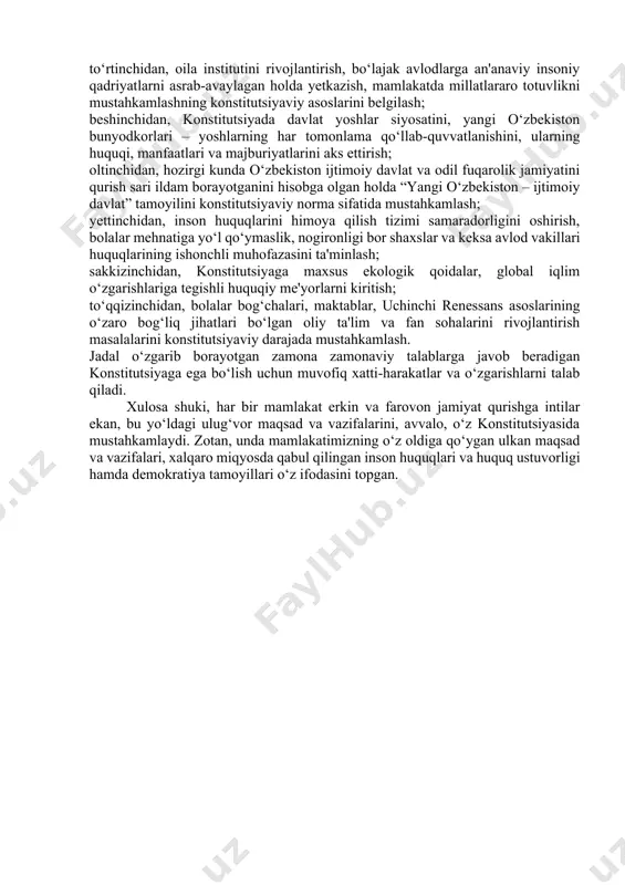 erkinlashtirishga xizmat qiladigan qonunlarni qabul qilish zarurligini ta’kidladi. negaki, bugun hayotning o‘zi davr talablariga javob bermaydigan qonun hujjatlarini bekor qilib, qonunchilik bazasini ixchamlashtirish, konstitutsiya va qonunlarimizni yanada takomillashtirishni talab etmoqda. bu vazifalarni bajarishda albatta, siyosiy partiyalar va uning parlamentdagi fraksiyalari yanada faol, tashabbuskor bo‘lishi lozim. zero, huquqiy demokratik davlat, ochiq fuqarolik jamiyatining “o‘zi ham, so‘zi ham, ko‘zi ham qonun bo‘lishi kerak”. prezidentimiz bayram tabrigida taraqqiyot kushandasi bo‘lgan korrupsiyaning oldini olish va unga qarshi kurashishning ta’sirchan mexanizmlarini ishlab chiqish va amalga oshirish lozimligini ham bildirdi. 2021-2025 yillarga mo‘ljallangan korrupsiyaga qarshi kurashish milliy strategiyasi ustida ish olib borilayotganini ta’kidladi. shu nuqtai nazardan, korrupsiyaga qarshi kurashishda huquqni muhofaza etuvchi organlar tomonidan olib boriladigan muayyan ishlar bilan bir qatorda, fuqarolarda unga nisbatan murosasiz munosabatni shakllantirish hayotiy zaruratdir. sababi, davlat va jamiyat rivojini izdan chiqaruvchi illatga qarshi qat’iy va izchil kurashish orqali taraqqiyot poydevori mustahkamlanadi, barcha sohada ochiqlik, qonuniylik mustahkamlanadi. mamlakatimizda tinchlik-osoyishtalik, millatlararo totuvlik va …