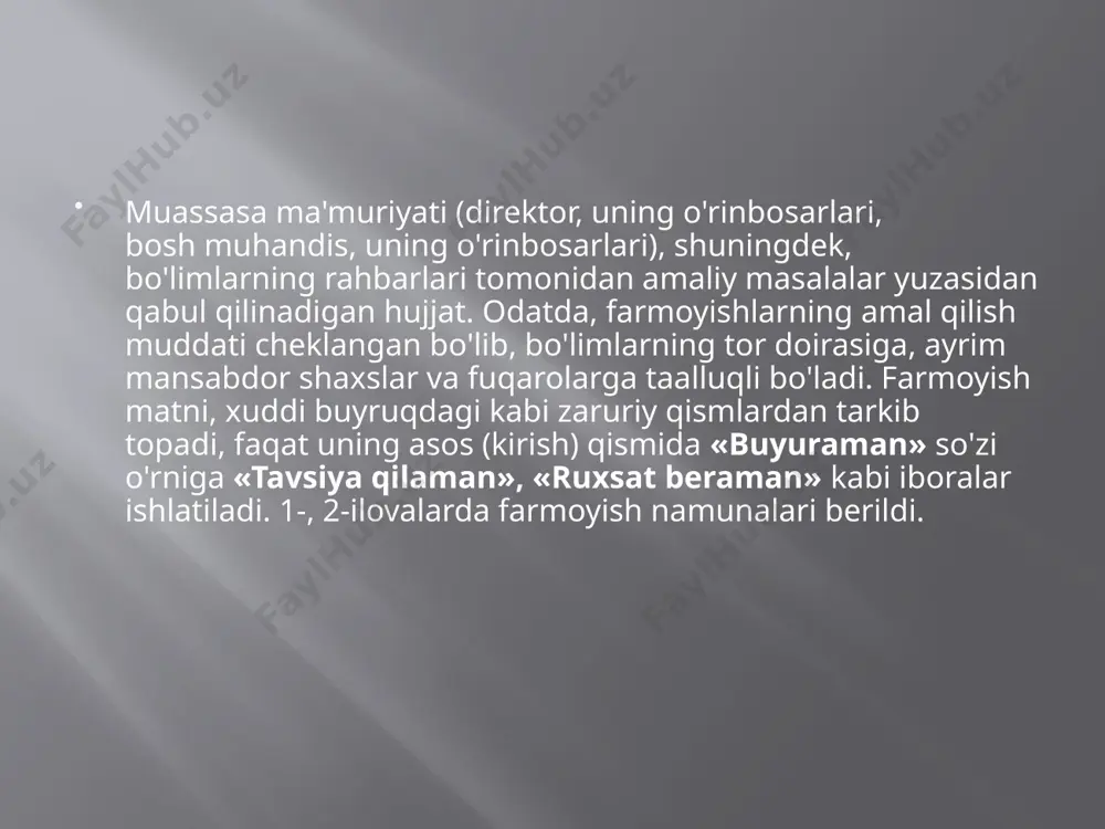 huquqiy hujjat. ko'rsatmalarga birinchi rahbar, shuningdek, lozim bo'lsa, bosh muhandis, ularning o'rinbosarlari imzo chekish huquqiga ega. ko'rsatma muassasaning xos ish qog'oziga bosiladi. u ham buyruq kabi, odatda, sarlavha bilan yoziladi, asos (kirish) va farmoyish qismlaridan tarkib topadi. asos (kirish) qismida, falon «maqsadda», falon «buyruqni bajarish uchun» kabi taomilga kirgan iboralar qoilanadi va «yuklayman», «tavsiya etaman» so'zlari keyin farmoyish qismi boshlanadi. muayyan xodimga uning xizmat lavozimi vazifalariga kirmaydigan ishlar yuklatilsa, «tavsiya etaman» so'zi qo'llanadi. ko'rsatmaning farmoyish qismi buyruqning farmoyish qismiga o'xshash bo'ladi. image2.jpeg image3.jpeg image4.jpeg image5.jpeg image6.jpeg image7.jpeg image8.jpeg image9.jpeg /docprops/thumbnail.jpeg