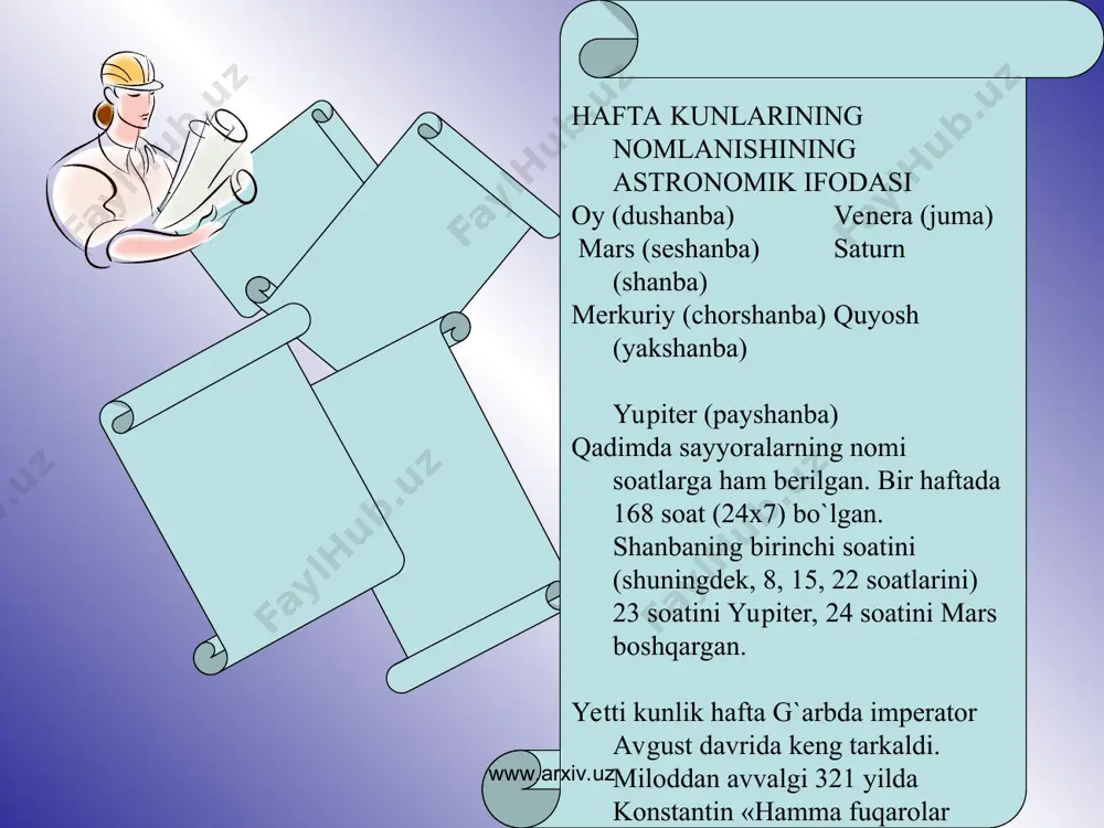 ni dastlab misrliklar soatlarga bo`lganlar. millodsan avvalgi yilida misr koxinlari sutkani 24 soatga bo`lishgan: ular soatni kunduz, 2 soatni g`ira-shira pay., 12 soatni kechasi hisoblashgan. bobilda ham bir sutkaning 12 soati kechasi hisoblangan. geradotning ta`kidlashicha, yunonlar bobilliklarning shu sistemasidan foydalanishgan. gerodotning yozishicha, miloddan avvalgi vi ahamoniylar xukmdori doro skiflarga yurishi davrida qo`riqchilariga vaktni hisoblash uchun tugilgan arqon, tashlab ketadi. ular har kuni bitta tugunni yechganlar. qolgan tugunlarning soni shohning kaytishiga necha kun borligini bildirgan. ahamoniylar hukmdorligi davrida vaktni hisoblashning bundan ham mukammalroq usuli mavjud bo`lgan, lekin oddiy ko`riqchi askarlar yuqoridagi usuldan foydalanishgan. www.arxiv.uz www.arxiv.uz yerning yulduzlarga nisbatan bir marta aylanib chiqish davri sutkasiga va quyoshga nisbatan aylanish davri quyosh sutkasiga bo`linadi. yulduz sutkasi uzunligi bahorgi teng kunlik nuktasidan ikkita ketma-ket yuqori (yoki pastki) kulminatsiyalari orasidagi vaqgga teng. yulduz sutkasi haqikiy (pretsessiya va nutatsiya xisobga olinsa) yulduz sutkalariga ajraladi. baxorgi teng kunlik sutkasi nuqgasining pretsession harakati ta`sirida o`rtacha yulduz sutkasi yerning …