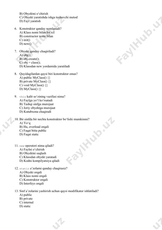 obyektga yo‘naltirilgan dasturlash asoslari — 30 test savol (variantli) - Page 5