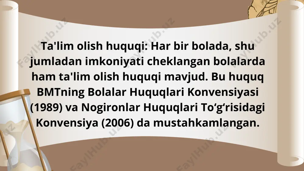 ishtiroki: ota-onalar va jamiyat a'zolarining ta'lim jarayonida faol ishtirok etishi zarurligi ta'kidlangan. bu, inklyuziv ta'lim tamoyillarini muvaffaqiyatli amalga oshirish uchun muhim omildir. salamanka deklaratsiyasi butun dunyo bo‘ylab inklyuziv ta'limni rivojlantirish uchun muhim hujjat bo‘lib, barcha bolalarning ta'lim olish huquqlarini ta'minlash va ular uchun teng imkoniyatlar yaratishni maqsad qilgan. deklaratsiya inklyuziv ta'limni inson huquqlarining bir qismi sifatida ko‘radi va davlatlarni bu tamoyillarni amalga oshirishga undaydi. eʼtiboringiz uchun rahmat! image1.png image2.svg image2.png image10.svg image3.png image4.png image5.png image6.png image13.svg image7.png image4.svg image8.png image8.svg image9.png image10.png image16.svg image11.png image12.png image13.png /docprops/thumbnail.jpeg