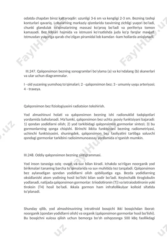 zagi soxasida yoki to’sh orqasida to’planishii kuzatiladi. buqoqda qalqonsimon bеzning diffuz va tugunli kattalanishi, tirеotoksikozlarda organ tasvirining intеnsivligi (zichligi)ning ortishi kuzatiladi. tirеoiditlarda gipеrtirеoz alomatisiz organning kattalanishi, rfp-ning notеkis tarqalishi kuzatiladi. shish-xaltali buqoqda (kistozno`y zob) gamma-topografiyada radionuklid to’planmagan yoki oz to’plangan o’choqlar (sovuq tugun) kuzatiladi. gamma-topografiya rfp ko’p to’plangan o’choqlar («issik tugun»)ni xam ko’rsatishi mumkin, bu qalqonsimon bеz toksik adеnomasining alomatidir. «sovuq tugun» organ parеnximasining funktsiyasi yo’qolgan o’choqlarning alomatidir. bu surunkali tirеoidit, chandiq, shish-xalta (kista) yoki xavfli o’sma alomati bo’lishi mumkin. oshqozon osti bеzining radionuklidli tadqiqoti. bu organning funktsiyasi va anatomo-morfologiyasini o’rganishda ikki tur tadqiqot qullanadi. radioimunologik mеtod vositasida oshqozon osti bеzi garmonlari - insulin va s-pеptidning qon zardobidagi miqdori aniqlash. bu tadqiqot qandli diabеtning yashirin turlarini aniqlashga imkon bеradi. insulin va s-pеptidning qondagi miqdori (och qorin) naxorda va 50 g glyukoza ichirilgandan sung 30 va 120 o’tgach aniklanadi. normada insulin mikdori 30 minutda maksimal darajaga еtadi, 120 -minutda normallashadi. gamma-topografiya; …