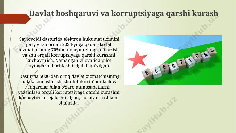 etilgan. dasturning ijrosi ustidan jamoatchilik nazorati kuchaytirilib, 15 ta hududiy saylov komissiyalari orqali har chorakda hisobotlar taqdim etiladi va natijalar ommaviy axborot vositalarida e'lon qilinadi. turar-joy qurilishi va kommunal xizmatlar ўзбекистон бўйлаб 100 тадан ортиқ шаҳар ва туманларда кўп квартирали уйлардаги лифтларни модернизация қилиш ва уларнинг техник ҳолатини яхшилаш учун 150 млрд сўм ажратиш мўлжалланмоқда. сурхондарё ва қашқадарё вилоятларидаги 50 тадан ортиқ қишлоқ аҳоли пунктларида маркаллаштирилган сув таъминоти ва канализация тизимларини яхшилаш бўйича 2025 йилгача амалий чора-тадбирлар кўрилади. ta'lim va fanni rivojlantirish қорақалпоғистон республикасидаги отмларда 500 тадан ортиқ ўқитувчи учун малака ошириш курслари ташкил этилиб, уларнинг 30%и хорижий мутахассислар томонидан ўқитилади. ўзбекистоннинг барча ҳудудларидаги мактабларда 100 000 дан ортиқ янги компьютер ва 5000 дан ортиқ интерактив доскалар ўрнатилади. ekologiya va atrof-muhit muhofazasi ldp dasturida 2030-yilga qadar 10 ta yirik shaharning chiqindi suvlarini tozalash inshootlarini modernizatsiya qilish va samaradorligini 70% ga oshirish boʻyicha aniq maqsadlar belgilab qoʻyilgan. surxondaryo viloyati misol qilib …