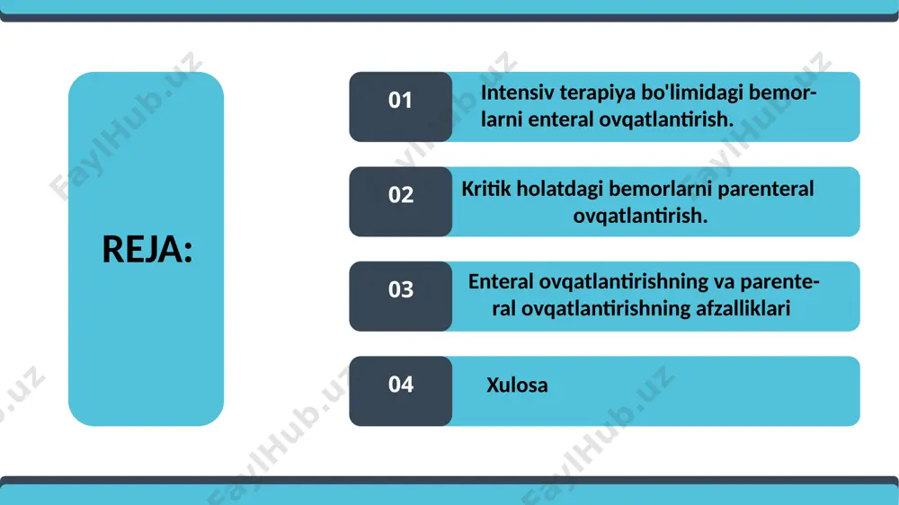 iladi,bunda parenteral ovqatlantirish operatsiyadan 5-7 kun oldin boshlanadi va operatsiyadan so’ng ham davom ettiriladi. operatsiyadan keyingi 5-7 kundan keyin enteral ovqatlanishga o’tsa bo’ladi, lekin enteral ovqatlantirishni asoratlarini oldini olish uchun perenteral ovqatlantirish kamida 7 kundan iborat bo’lishi kerak. enteral ovqatlantirishning dozasi tana vazni indeksi 30ga teng bo’lgan bemorlarga oqsil kuniga 1,2-2,0 g/kg kiritilishi kerak. kuyish yoki ko’p jarohatlar paytida oqsil miqdorini oshirirish kerak. kritik darajada semirib ketgan bemorlarda kam miqdordagi kaloriya miqdori bilan ovqatlantirish tavsiya etiladi. tvi 30dan baland bo’lgan barcha semirish darajalari uchun enteral ovqatlantirish kaloriyalarini 60-70% yoki kuniga tana vaznining 11-14 kkal/kg miqdorda ozuqa kirgazish kerak. semizlikning i va ii daraja larida oqsil kuniga 2g/kg tana vazniga (tvi 30-40), iii darajasida esa kuniga 2,5 g/kg (tvi 40) tana vazniga beriladi. kasalxonaga yotqizilgan birinchi hafta davomida energiya tanqisligining 50-60% tiklashga erishish kerak. lekin perenteral ovqatlanishdan enteral ovqatalanti- rishga birdaniga o’tilsa, salbiy oqibat- larga olib kelishi mumkin. 7-10 kun davomida …