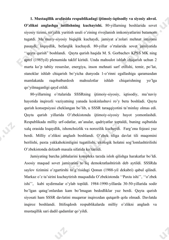 taqillik sari dadil qadamlar qo’yildi. xx asrning 80-yillari oxirida “o’zbekistonning ijtimoiy-siyosiy hayotida o’zgarish boshlandi. odamlar xilma-xil fikrlar bildirish, dillaridagini oshkora ayta olish imkoniga ega bo’la boshladilar. o’zbek xalqining dilidagi g’oya – mustaqillik g’oyasi edi, xalq mana shu g’oyani ko’tarib chiqdi. mustaqillik uchun harakatda yangi to’lqin boshlandi. tarix taqozosi bilan elim, yurtim deb yonib yashayotgan islom karimovdek fidoyi insonning o’zbekistonning birinchi rahbari lavozimiga 1989-yilda saylanishi bu sohadagi adolatsizliklarga barham berishiga olib keldi, adolat tiklandi. i. karimov xalq xohish-irodasini bajarib, o’zbek tiliga davlat tili maqomini berish ishiga boshchilik qildi. 1989-yil 21-oktabrda respublika oliy kengashi o’zbekistonning davlat tili haqida qonun qabul qildi. siyosiy, iqtisodiy, ijtimoiy va madaniy hayotning barcha sohalarida o’zbek tili to’la amal qilishi qonunlashtirildi. bu qonunning qabul qilinishi mamlakatimizning mustaqillik sari tashlagan birinchi qadami bo’ldi. 90-yillarning boshlariga kelib o’zbekistonda xalqning mustaqillika erishishidan iborat azaliy orzusini amalga oshirish kun tartibidagi bosh masala bo’lib qoldi. mamlakatda shunday vaziyat vujudga keldiki, bir tomondan, “zo’rovonlikka …