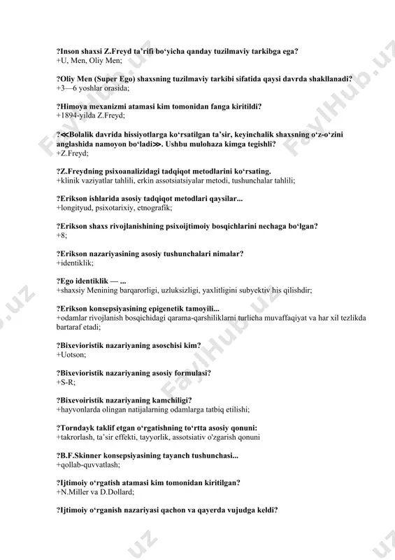 sizligi, yaxlitligini subyektiv his qilishdir; ?erikson konsepsiyasining epigenetik tamoyili... +odamlar rivojlanish bosqichidagi qarama-qarshiliklarni turlicha muvaffaqiyat va har xil tezlikda bartaraf etadi; ?bixevioristik nazariyaning asoschisi kim? +uotson; ?bixevioristik nazariyaning asosiy formulasi? +s-r; ?bixevoiristik nazariyaning kamchiligi? +hayvonlarda olingan natijalarning odamlarga tatbiq etilishi; ?torndayk taklif etgan o‘rgatishning to‘rtta asosiy qonuni: +takrorlash, ta’sir effekti, tayyorlik, assotsiativ o'zgarish qonuni ?b.f.skinner konsepsiyasining tayanch tushunchasi... +qollab-quvvatlash; ?ijtimoiy o‘rgatish atamasi kim tomonidan kiritilgan? +n.miller va d.dollard; ?ijtimoiy o‘rganish nazariyasi qachon va qayerda vujudga keldi? +amerikada xx asrning 30-yillari oxirida; ?ijtimoiy o'rganish yo'nalishi? +individga xulq-atvor namunalari rollar, me’yorlar motivlar, kutuvlar, hayotiy qadriyatlar, emotsiyalarni o‘tkazish orqali individning ijtimoiy xulq-atvorini hayotiy shakllantirishni nazarda tutadi; ?ilk bolalik davridagi har bir bola xulq-atvor ini ona va bola xulq-atvor i birligini ifodalovchi o‘ziga xos diadik birlik ichida keluvchi davr sifatida ko‘rib chiqishni muhim deb hisoblagan olim kim? +r.sirs; ?ijtimoiy o‘rganish ta’limotining yetakchisi kim? +a. bandura; ?jan piaje bolalarning miyasi rivojlanishiga qanday omil ta’sir ko‘rsatadi …