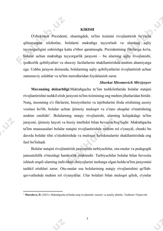 a rol o'ynaydi. bu jarayonda har bir tarbiyachining va ota-onaning o'zaro hamkorligi, samimiy muloqoti va bolalarga qiziqarli va foydali faoliyatlar taklif etishi nihoyatda muhimdir. kurs ishining maqsadi: maktabgacha taʼlim tashkilotlarida bolalar nutqini rivojlantirishni tashkil etish maqsadi bolalarning til ko'nikmalarini, muloqot qobiliyatlarini va o'z fikrlarini ifoda etishlarini samarali rivojlantirishdir. ushbu jarayon bolalarning psixologik, ijtimoiy va hissiy rivojlanishini ham ta'minlaydi, shuning uchun ta'lim muassasalari bu masalaga alohida e'tibor berishlari zarur.nutqni rivojlantirish orqali bolalar o'zlarining his-tuyg'ularini, fikrlarini va tajribalarini ifoda etishga o'rganadilar. bu jarayon bolalarning o'z-o'zini anglashiga, o'z fikrlarini boshqalar bilan baham ko'rishga va ijtimoiy aloqalar o'rnatishga yordam beradi. bundan tashqari, nutq rivojlanishi bolalarning o'qish va yozish ko'nikmalarini shakllantirishga, shuningdek, kelajakdagi ta'lim jarayonida muvaffaqiyatli bo'lishlariga asos yaratadi. kurs ishining vazifasi: shuningdek, bolalarning so'z boyligini oshirish, talaffuz va intonatsiyani yaxshilash, muloqot ko'nikmalarini rivojlantirish va ijodiy fikrlashini rag'batlantirishdir. nutqni rivojlantirish jarayonida interaktiv o'yinlar, hikoya aytish, musiqiy faoliyatlar va audiovizual materiallardan foydalanish orqali bolalarning qiziqishini oshirish, …