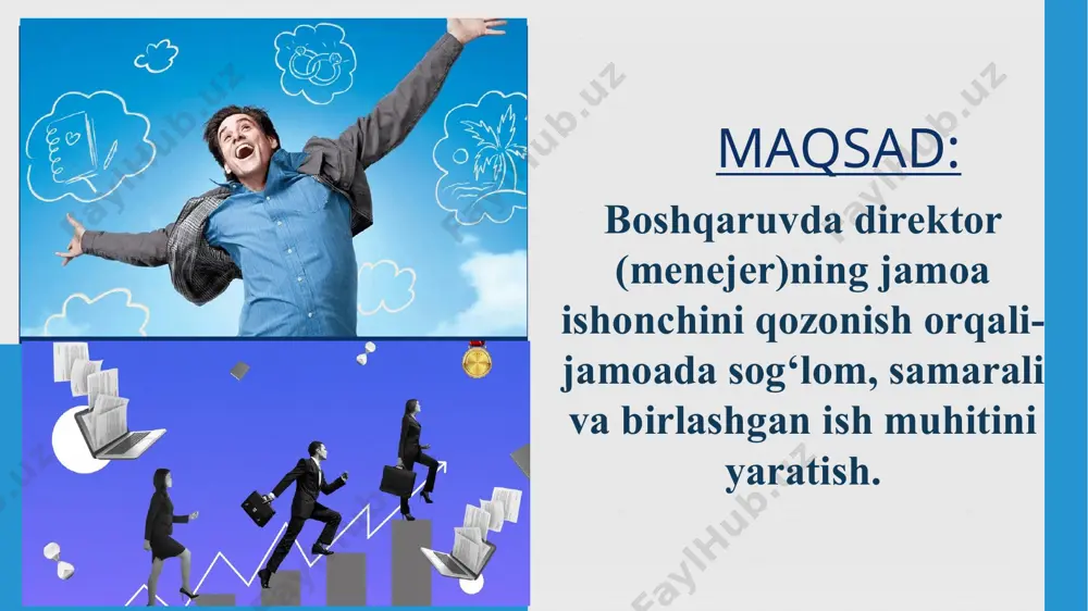 chi rahbar xodimlarning tashabbusini rag‘batlantirish. jamoaning ishonchini qozonuvchi rahbarlik uslublarini qo‘llash. rahbar sifatida o‘rnak ko‘rsatish, mas'uliyatli va samimiy bo‘lish. jamoa ichida halol va ochiq muomilani targ‘ib qilish. muammolarni o‘z vaqtida hal qilish va adolatli fikr bildirish. maktab direktori, rahbariyat o‘quv yili davomida. xodimlarning tashabbusi va motivatsiyasi ortadi, yangiliklarga bo‘lgan qarashlari o‘zgaradi. e’tiboringiz uchun rahmat!