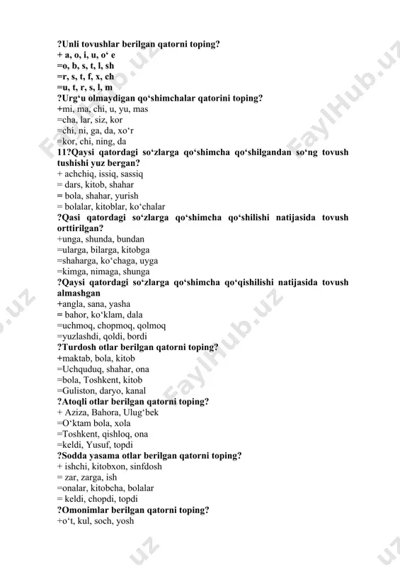 uchquduq, shahar, ona =bola, toshkent, kitob =guliston, daryo, kanal ?atoqli otlar berilgan qatorni toping? + aziza, bahora, ulug‘bek =o‘ktam bola, xola =toshkent, qishloq, ona =keldi, yusuf, topdi ?sodda yasama otlar berilgan qatorni toping? + ishchi, kitobxon, sinfdosh = zar, zarga, ish =onalar, kitobcha, bolalar = keldi, chopdi, topdi ?omonimlar berilgan qatorni toping? +o‘t, kul, soch, yosh =bosh, qosh, tosh =yur, qol, bor =chop, yo‘l, ol ?antonimlar berilgan qatorni toping? + katta-kichik, baland-past, yaxshi-yomon = bordi-bormadi, kelmadi-kelmadi = o‘tdi-o‘tmadi, yaxshi-yaxshi = asta-asta, asta-sekin ?paranomlar berilgan qatorni toping? + asr, asir, burun, burin = chop, qop, kelaybdi, keldi = yugur, yugurdi, qoldi, ketti = ish, mehnat, kitob, qalam ?sinonimlar berilgan qatorni toping? + kasal, bemoq, xasta = do‘st, dushman, kelgan, kelmagan = achciq-shirin, kelaybdi, keldi = yugur, yugurdi, qoldi, ketti ?omonim so‘zlar berilgan qatorni toping? + bosma, olma, o‘t = kel, bor, qol = ish, mehnat, kitob, qalam = o‘tdi-o‘tmadi, yaxshi-yaxshi ?“u …
