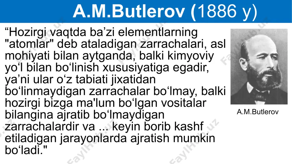 allar uchun to‘lmagan, yarim to‘lgan va to‘lgan holatlarda turg‘un bo‘ladi. - to‘lmagan, -yarim to‘lgan, -to‘lgan holatlar hisoblanadi.bundan boshqa holatlarda elektron pog‘onalar turg‘un bo‘la olmaydi. elektron ko‘chish cr +24 52 2 8 12 2 1s2 2s2 2p6 1s22s22p63s23p6 4s²3d⁴ 3p⁶ 3s2 4s² 3d⁴ elektron ko‘chish cr +24 52 2 8 13 1 1s2 2s2 2p6 1s22s22p63s23p6 4s¹3d5 3p⁶ 3s2 4s¹ 3d5 elektron ko‘chish pd +46 106 2 8 18 16 [kr] 5s² 4d8 5s² 4d8 2 elektron ko‘chish pd +46 106 2 8 18 18 [kr] 4d10 5s0 5s0 4d10 0 mustahkamlash tartib raqami 33 bo‘lgan elementning atom elektron qobig‘idagi to‘lgan pog‘ona va pog‘onachalar sonini belgilang. a) 3 ta pog‘ona va 7 ta pog‘onacha b) 4 ta pog‘ona va 7 ta pog‘ona c) 3 ta pog‘ona va 8 ta pog‘onacha d) 4 ta pog‘ona va 8 ta pog‘onacha mustahkamlash as +33 75 2 8 18 5 1s2 2s2 2p6 3p⁶ 3s2 …