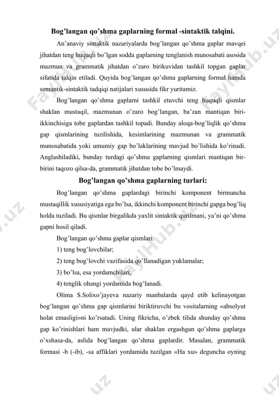 cha, o’zbek tilida shunday qo’shma gap ko’rinishlari ham mavjudki, ular shaklan ergashgan qo’shma gaplarga o’xshasa-da, aslida bog’langan qo’shma gaplardir. masalan, grammatik formasi -b (-ib), -sa affiklari yordamida tuzilgan «ha xu» deguncha oyning oyoqlari kelib, to’y kunlari yaqinlashdi», «birov konfet bersa, birov pechen’e beradi» gaplari bog’langan qo’shma gaplar hisoblanadi. shunisi xarakterliki, bog’langan qo’shma gap qismlarini bog’lovchi vositalar, ular qanday til birligidan tashkil topishidan qat’iy nazar, qo’shma gap qismlarini bog’lash bilan birga turli mazmuniy munosabatlarni ham shakllantiradi. g’.abdurahmonov bog’langan qo’shma gaplarni qismlari orasida shakllangan mazmuniy munosabatlar asosida quyidagi 5 turga ajratadi: a) qiyoslash munosabati; b) payt munosabati; v) ayiruv munosabati; g) sabab va natija munosabati; d) izohlash munosabati. biriktiruv bog’lovchili bog’langan qo’shma gaplar; m.asqarova ham bog’langan qo’shma gaplarda sabab, payt, chog’ishtirish, zidlik, ayiruv va inkor munosabatlarining shakllanishini ko’rsatadi. olima bog’langan qo’shma gap qismlarini biriktiruvchi vositalar asosida uning quyidagi turlarini ajratadi: a) biriktiruv bog’lovchili bog’langan qo’shma gaplar; b) zidlov bog’lovchili bog’langan qo’shma gaplar; …