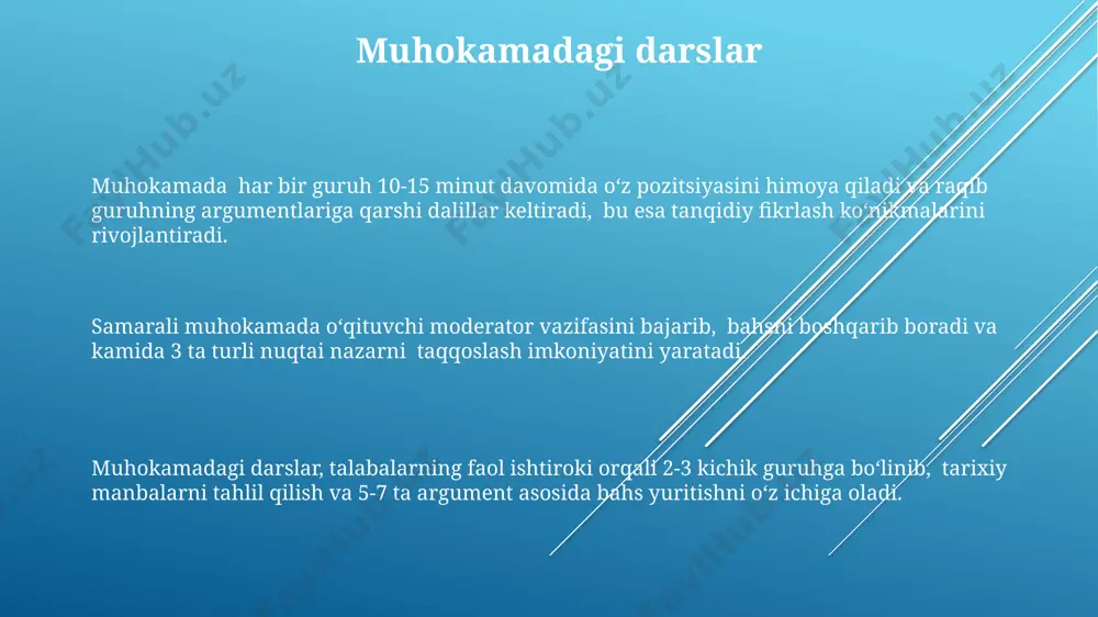 i manba (arxitektura, hujjatlar, rasmlar va boshqalar) bilan tanishadilar, bu esa ularning tarixiy fikrlash qobiliyatini rivojlantiradi. e'tiboringiz uchun rahmat @taqdimot_robot