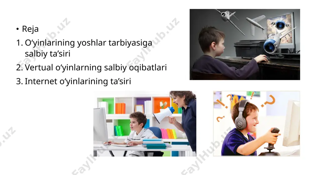 jlanib borayotgan davlatimiz uchun eng katta tahdidlardan biri hisoblanadi. kompuyuter o'yinlari yoshlarning vaqtini o'g'irlamoqda. internet - klublarda yoshlar ayni o'qib, ilm hosil qiladigan paytlarida vaqtlarini bekorchi o'yinlarga, ijtimoiy tarmoqlarda mutlaqo notanish shaxslar bilan qimmatli vaqtini tanishishga sarflayotgani tashvishli holat. chunki internet va kompyuter o'yinlari asriga aylangan o'smirlar hayotdan, ilm olish, kasb o'rganishdan va ma'naviy qadriyatlardan tamoman uzilib, butunlay manqurtlashib boradi. hozir kompyuter o'yinlari orqali o'smir yoshlarga salbiy ta'sir qilib, ularning ongiga o'z buzg'unchi g'oyalarini singdirish yoki ularni to'g'ri yo'ldan ozdirishga urinadigan yashirin kuchlar juda ko’p. kompyuter o'yinlariga mukkasidan ketgan o'smirlar o'zlari bilmagan holda yashirin kuchlarning qo'g'irchog'iga aylanadi. kompyuterga mute bo'lgan yoshlarning fikri-xayoli, butun vaqti, hatto uyqusi ham bemani o'yinlar bilan band bo'ladi. oxir-oqibat bunday manqurt yoshlar tengdoshlari, yaqinlari va hatto ota-onasiga ham qo'l ko'tarishgacha agar mubolag'a bo'lmasa qurol o'qtalishgacha borib yetadi. bu esa jamiyatda ilimsizlik, johillikning tomir yoyishiga alal oqibat yurt parokanda bo'lishiga olib keladi. kompyiter o'yinlari - bu odamning …