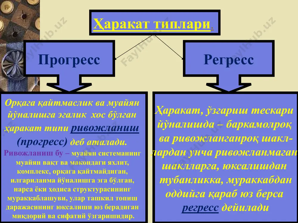 ар йиғиндиси сифат сон сон ўзгаришлари: - янги сифат хоссасининг аста - секинлик билан тўпланиши; - мавжуд сифат доирасидаги ҳар қандай ўзгариш сифат ўзгаришлари: - эски сифатдан янги сифатга ўтиш меъёр (аниқлик бирлиги) сакраш (ўзгаришларнинг узилиши) тараққиёт соннинг сифатга ўтиши билан эмас, балки эски сифатнинг янги сифатга ўтиши шаклида амалга ошади. тараққиёт сон ўзгаришларининг сифат ўзгаришларига ўзаро ўтишдир. миқдор ўзгаришларининг сифат ўзгаришларига ўтиши қонуни 10 миқдор предметнинг ҳажми, ўлчови, оғирлиги, ҳаракат тезлиги ва шу кабилар билан тафсифланади. сифат нарсаларнинг ички ва ташқи муайянлиги бўлиб, унинг қатор хосса, белги, хусусиятлари бирлигини ифодалайди. меъёр эса миқдор ва сифатнинг бирлиги, ўзаро боғлиқлигини ифодаловчи тушунчадир. миқдор ва сифат қонуни 11 инкорни инкор қонуни: янгилик доимо эскиликни инкор этади ва унинг ўрнини эгаллайди, аммо аста секин ўзи ҳам эскига айланади ва янада янги билан инкор этилади. масалан, ижтимоий-иқтисодий жараёнларнинг ўрин алмашиши (тарихий жараёнга цивилизацион ёндашувда), уруғ эволюцияси (болалар қисман ота-оналаридир, аммо янги поғонада) ва х.к. …