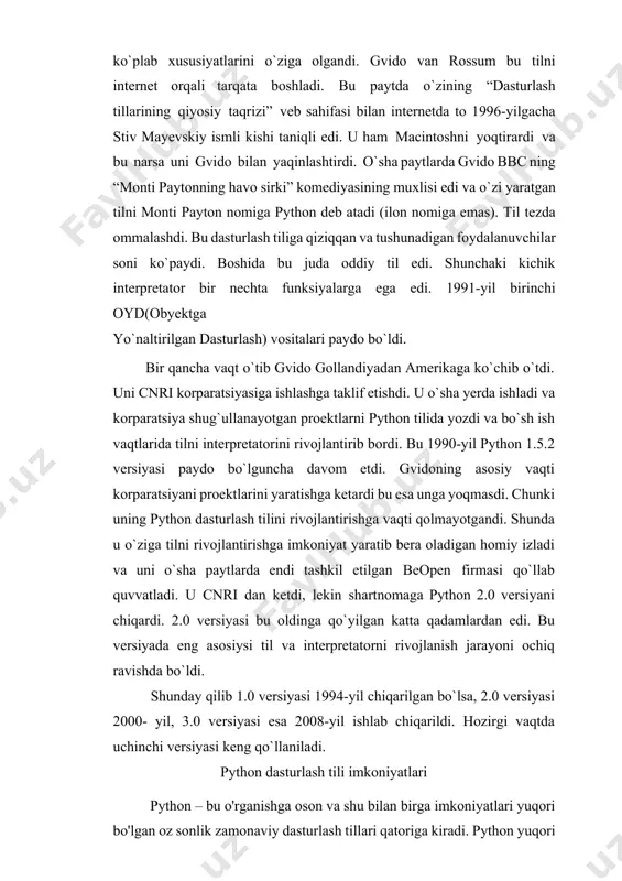 va shaharlarda raqamli texnologiyalar o‘quv markazi tashkil etish va ularda bepul ta’lim berish, 19 mingga yaqin ijtimoiy soha ob’ektini yuqori tezlikdagi internet tarmog‘iga ulash ko‘zda tutilmoqda. hozirgi jadal rivojlanish va turli jarayonlarni avtomatlashtirish hamda robotlashtirish davrida dasturlashni bilish va uni o‘z ish jarayonida ishlata olish texnik va pedagogik yo‘nalishda ta’lim olayotgan o‘quvchi-talabalar uchun juda muhim deb hisoblanadi. bu zamonaviy mutahassislar uchun eng zaruriy talablardan biridir. sababi hozirgi kunda informatika turli-tuman sohalarda muvaffaqiyatli ravishda qo‘llanilishi mumkinligini hech kim ham rad eta olmaydi. huddi shuning uchun ham, o‘quv - qo‘llanmaning asosiy maqsadi – o’quvchi talabalarga python dasturlash tili misolida hisoblash texnikasi vositalarini ishlatish bo‘yicha bilimlarni va amaliy ko‘nikmalarni imkon darajasida singdirishdir. amaliy maqsadlarda dasturlash tilining imkoniyatlarini ko‘rsatish matematika va ilmiy sohalarga oid bir qancha misol va masalalarni python dasturiy tilidan foydalanib yechish misolida aniq va ravshan qilib ko‘rsatib o‘tiladi. shunday qilib, o‘quv - qo‘llanma o‘quvchi talabalar uchun dasturlash tili vositasida turli xildagi …