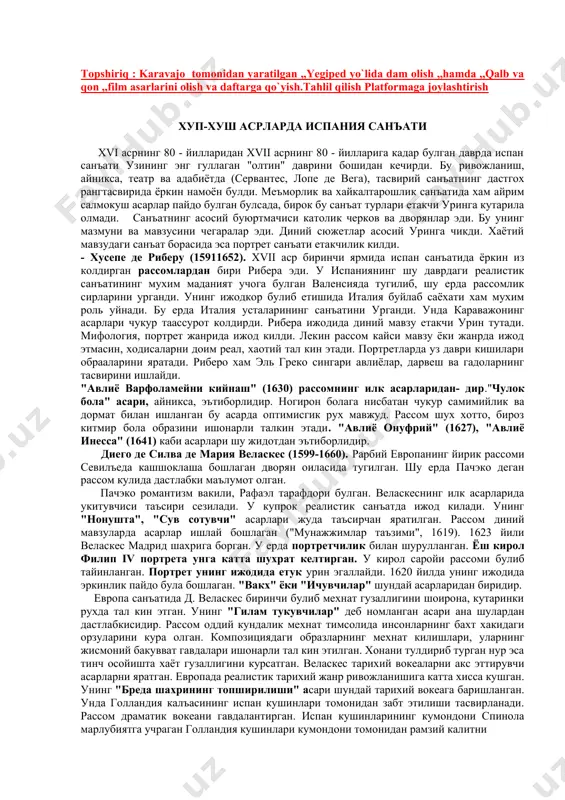 меъморларидан биридир. унинг ижодида италияда рангтасвирига хос барокко намоён булган. унинг римдаги барберини палаццоси шипига ишланган расмлари нихоятда таъсирчан ва сербезакдир. ака-ука каррачилар махобатли-декоратив ва дастгок рангтасвирда самарали мекнат килдилар. сарой ва черковларга диний ва мифологии мавзуда композициялар ишладилар. каррачилар орасида, айницса, аннибале каррачи (1560-1604) уз истеъдоди билан ажралиб турган. у новатор санъаткор сифатида санъат тарихида из колдирган. унинг ижоди европа санъати тарихида узига хос урин тутади. аннибале каррачининг манзара жанридаги ижоди хам салмоми. мумтоз манзара санъати унинг номи билан чамбарчас боглик у бу санъатнинг асосчиларидан. бири саналади. mikelandjelo merize da karavadjo yevropada realistik rangtasvirning rivojlanishida italiyalik san’atkorlar muhim rol o'ynadilar. bunda shubhasiz, mikelanjelo merizi da karavajo (1573-1610) ijodi alohida o'rin egallaydi. karavajo qisqa umr kechirganiga qaramay yevropa realistik san’ati taraqqiyotiga kuchli ta’sir o'tkazdi., lombardiyaning kichik karavajo shaharchasida me’mor oilasida dunyoga keldi. tasviriy san’at asoslarini dastlab , milanda o‘rgandi. taxminan 1590 yillarda rimga ko'chib keldi. bu yerda rassomlarga yordamchi bo`lib, …