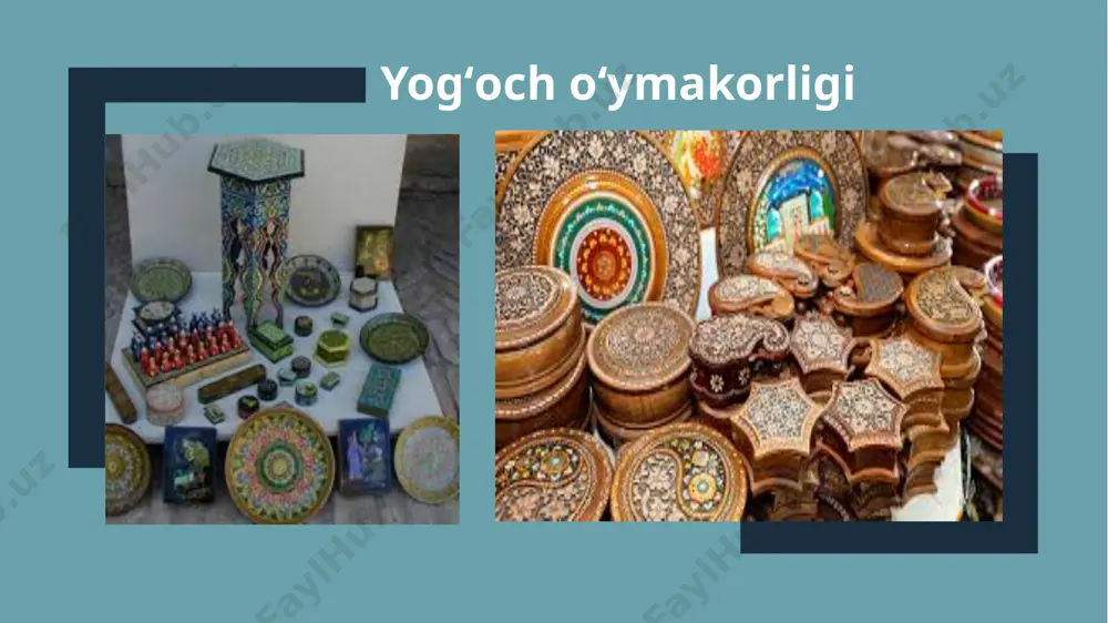 qildirmoqdalar. xix asrda yaratilgan me’moriy inshootlardagi san’at asarlarida quyidagi yog‘och o‘ymakor ustalarning ismlari har zamonda islimiy naqshlar orasida uchrab turadi. yogʻoch ustunlar mashhur xalq ustasi koshinpaz, naqqosh abdulla jin shayxlar qishlog‘idan, masharif naqqosh mevaston mahallasidan, matkarim naqqosh, momit o‘rachi va o‘g‘illari bolta o‘rachi, xo‘ja o‘rachi, abdurahmon usta matkarim usta o‘g‘li (sapo bog‘bekovni bobosi), ota polvonov, bog‘bek abdurahmonov kabi ustalar o‘z hunarlari ila xon va uning amaldorlari tomonidan qurilgan inshootlardagi darvoza, eshik va ustunlarni qalb qo‘rlari ila yaratganlar. qadim xorazmda har bir usta yog‘och o‘ymakorligining ma’lum bir sohasi bo‘yicha ijod qilgan. masalan: – mashhur ustalar avlodidan bo‘lgan safo bog‘bekov, otasi bog‘bek abdurahmonov, bobosi abdurahmon matkarimovlar faqat qo‘shtabaqali o‘yma darvoza va eshiklar ishlash bilan shug‘ullanganlar, ustalardan momit o‘rachi va uning o‘g‘illari bolta, xo‘ja o‘rachilar faqat naqshinkor ustunlar ishlaganlar, xivaning mashhur xalq ustasi ota polvonov ko‘pincha o‘ymakor ustun ishlab, ayrim vaqtlardagina qo‘shtabaqali eshiklar yasagan, shayxlar qishlog‘ida yashagan mashhur xalq ustasi abdulla jin bir …