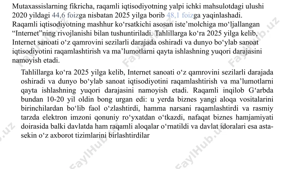 r ekan, kiber jinoyatchilarning korporativ tarmoqlarga kirib borishi kuchayadi. foydalanuvchilarning shaxsiy ma'lumotlarining tarqalishi kompaniyalar aktsiyalari narxiga salbiy ta'sir ko'rsatmoqda. buni sony pictures, talktalk, target va barclays-dagi voqealar tasdiqlaydi. kompaniyalar xavfsizlik va ma'lumotlarni himoya qilish tizimlariga sarmoya kiritishga majbur. bank of america merrill lynch, kiberxavfsizlik bozori 2015 yildagi 75 milliard dollardan 2021 yilda 170 milliard dollargacha o'sishini taxmin qilmoqda. raqamlashtirish iste'molchining mavqeini mustahkamlab, shaffoflikni ta'minlaydi. onlayn gipermarketda siz turli ishlab chiqaruvchilarning tovarlari va xizmatlari narxlarini taqqoslashingiz mumkin. sichqoncha yoki barmoq harakati bilan bitta chertish - va tanlov amalga oshiriladi. brendga sodiqlik birinchi o'rinda turadi, uni engish oson va yo'qotish oson. innovatsion tartibga solish. raqamli iqtisodiyotning asosiy yo'nalishlari: 5g aloqa, tijoriy dronlar, buyumlar interneti, raqamli sog'liq va boshqalar. ushbu sohalarda xalqaro standartlarni o'rnatgan davlatlar katta iqtisodiy va moliyaviy imtiyozlarga ega bo'ladilar. o'zlarining me'yorlari va qoidalarini targ'ib qiladigan, milliy ishlab chiqaruvchilarga ustunlik beradigan davlatlar, xalqaro me'yorlardan ajralib qolish va ortda qolish xavfini engib …