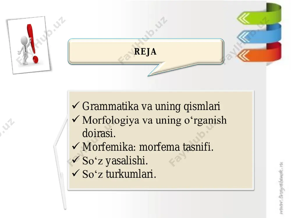 xiy) 1. tin+ch+lik 2. gul+chi+lar 3.asal+ari 4.qiz+cha+ning 5. o‘qi+di+m tashqari 1. tash+qari 2. un+da(moq) 3.yuk+sa+k 4.yur+ak 5.kitobni(ning)+ki morfema boduen de kurtene a.g‘ulomov morfema mazmun (ichki) -la – so‘z yasovchi morfema -la: l va a ifoda (tashqi) morfema mazmun jihati ifoda jihati 1.-chi – shaxs oti yasovchi morfema 2. -lar – ko‘plik ma`nosini bildiradigan morfema 3. -ning – qarashlilik ma’nosini ifodalaydigan morfema 1.-chi – ch va i 2. -lar – l, a, r 3. -ning – n,i,ng morfema qo‘shilish o‘rniga ko‘ra 2 xil: prefiks (lot. oldindagi) ba-, be-, no-, ser postfiks (suffiks) (lot. - tirkalgan) -la, -lan, -ir infiks (lot. - tirkalgan) ishqiboz, gultojixo‘roz so‘zlarning qo‘shim- chaga aylanishidan: - dir (turur), -yapti (yotibdi), -digan (turg‘on) morfemalarning hosil bo‘lishi sodda qo‘shimchalar qo‘shilishidan: - chilik, -garchilik, - imli, -arli, -lash boshqa tildan qo‘shimchaning kirib kelishi natijasida: -an, - iy, ser-, be-, bo- boshqa tildagi so‘zning qo‘shimcha sifatida kirib kelishidan: -kash, -paz, - dor, …