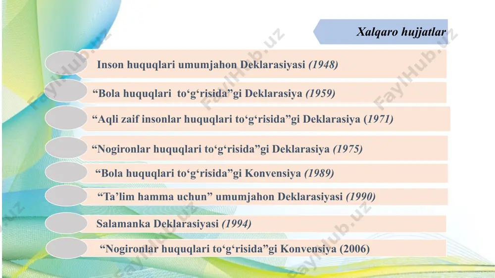 va tarbiyaning davlat standartini tasdiqlash to’g‘risida”gi qaror (2020) o‘zbekistonda maktabgacha ta’lim tizimida inklyuziv ta’limni rivojlantirishning huquqiy-meyoriy asoslari o‘zbekiston respublikasi konstitusiyasi 2023 yil 30 aprel kuni о‘tkazilgan о‘zbekiston respublikasi referendumida umumxalq ovoz berish orqali qabul qilingan yangi tahrirdagi о‘zbekiston respublikasining konstitusiyasida fuqarolarning tabiiy huquqlaridan biri hisoblangan ta’lim olish huquqi yanada mustahkamlangan. eng muhimi, konstitusiyada alohida ta’lim ehtiyojlariga ega bо‘lgan bolalar uchun inklyuziv ta’lim masalasi alohida о‘rin olgan. 50-modda. har kim ta’lim olish huquqiga ega. ta’lim tashkilotlarida alohida ta’lim ehtiyojlariga ega bо‘lgan bolalar uchun inklyuziv ta’lim va tarbiya ta’minlanadi “ta’lim to‘g‘risida”gi qonun 2020 yil 23 sentabr kuni qabul qilingan o‘zbekiston respublikasining “ta’lim to‘g‘risida”gi qonuni ta’lim sohasidagi munosabatlarni tartibga solish maqsadida ishlab chiqilgan. mazkur qonun jahon standartlari talablaridan kelib chiqqan holda ta’lim sohasidagi munosabatlarni tartibga solishning qamrovi kengligi va o‘ziga xos xususiyatga ega ekanligi bilan farq qiladi. 20-modda. jismoniy, aqliy, sensor (sezgi) yoki ruhiy nuqsonlari bo‘lgan bolalar (shaxslar) uchun ta’lim tashkilotlarida inklyuziv ta’lim …