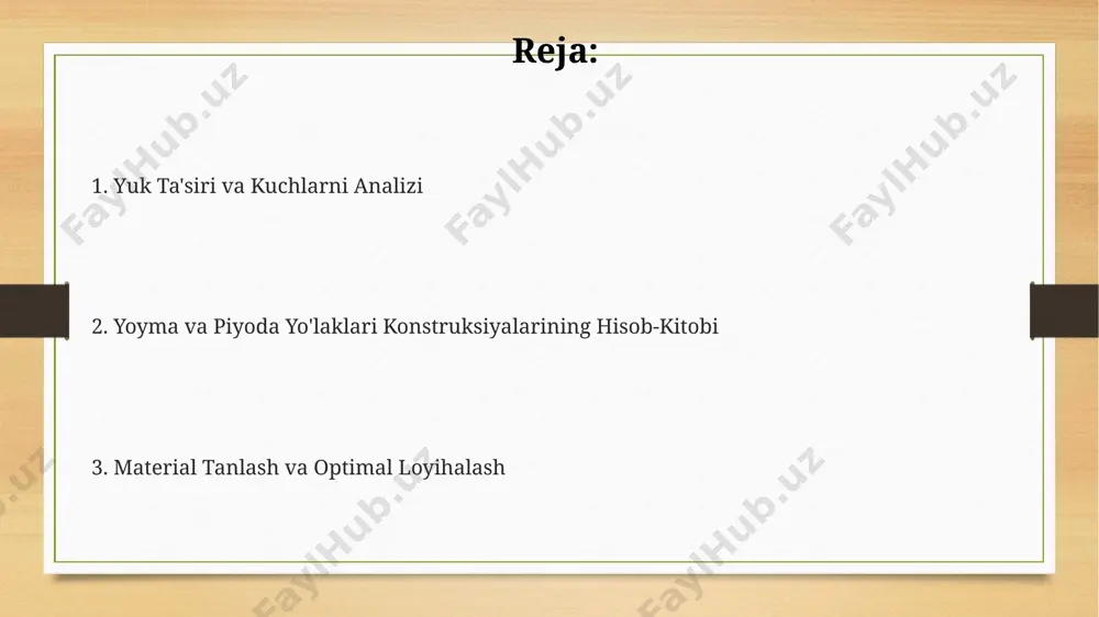 uri mavjud: doimiy, vaqtinchalik, maxsus va oʻzgaruvchan yuklar. doimiy yuklar 25 kpa gacha, vaqtinchalik yuklar esa 10 dan 50 kpa gacha oʻzgarishi mumkin. muzlash va erish jarayonlarini hisobga olish yo'l va piyodalar yo'laklarining deformatsiyasi va yoriqlarining paydo bo'lishini minimallashtirish uchun, muzlash va erish jarayonlarining taʼsiriga bardosh bera oladigan, kamida 20 mpa bosimga chidamli material tanlash kerak. pavement qalinligini loyihalashda, 10 yillik muzlash-erish tsiklini hisobga olgan holda, materialning chidamlilik koeffitsiyenti va tuproqning qalinlashishi (masalan, 5-10 sm) hisobga olinadi. muzlash chuqurligini aniqlash uchun, tuproqning issiqlik oʻtkazuvchanligi (masalan, 1,5 vt/(m·k)), oʻrtacha kunlik harorat va muzlash davomiyligini hisobga olgan empirik formulalardan foydalaniladi. ekologik jihatlarni hisobga olish yoyilma materiallarni tanlashda, kamida 30% qayta ishlangan materiallardan foydalanish ekologik izni 20% ga kamaytirishi mumkin. loyihalashda yashil maydonlarning 25% dan ortig'ini saqlash orqali, suv o'tkazuvchanlikni yaxshilash va shahar issiqlik oroli effektini kamaytirish mumkin. plitkalarni ishlab chiqarishda energiya sarfini 15% ga kamaytiradigan texnologiyalarni qo'llash karbon emissiyasini sezilarli darajada pasaytiradi. …