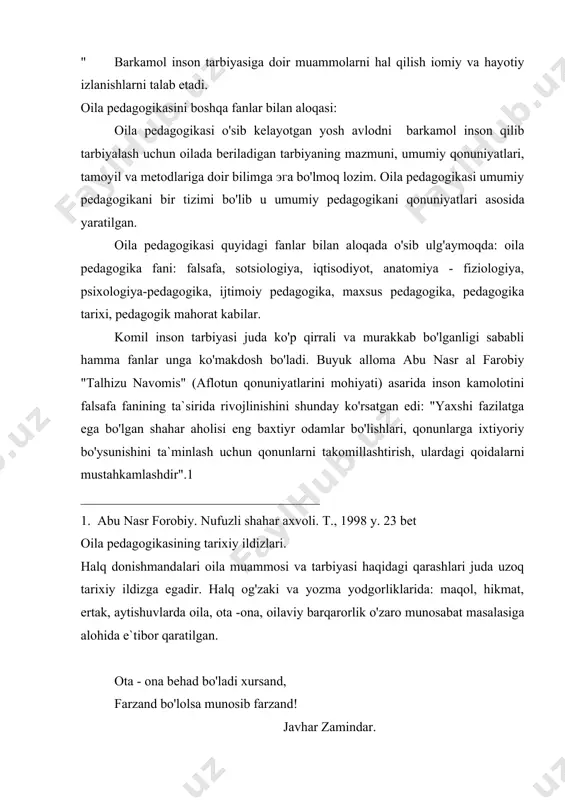 rlarni ijodiy faoliyatida oila muammosi asosi o'rin egallagan. buning sababi bo'lajak oila pedagogikasi fanini mazmundorligini ta`minlovchi badiiy adabiyot, san`at asarlari, milliy meros va umumiy insoniy qadriyatlardir. oila tarbiyasidagi bolalar xayotini tugri uyushtirish, ularni vaktdan tugri va unumli foydalanishning asosiy garovi ekanligini ota-onalar o'z farzandlariga o'qtirishlari lozim. oila tarbiyasi masalalari bo'yicha maxsus abu ali ibn sino "tadbir al-manozil" nomli asarini yozgan. unda olim ota-onaning bolalarni tarbiyalashdagi vazifalarini yoritgan. asarda oilada ota-onaning vazifasi va burchiga va oila munosabatlariga to'xtalar ekan, ayniksa ota-onalarning oilada mexnatsevarligi bilan farzandlarini xam kasb va xunarga o'rgatish borasida muhim fikrlar bayon etadi. ibn sino tarbiyaviy qarashlarida oila va oilaviy masalalariga keng o'rin berilgan. ota oilada o'z farzandlariga xar tomonlama yurish-turishda, nutk odobida, so'z madaniyatida, o'zaro muomala jarayonida eng muhimi amaliy ish faoliyatida to'g'rilik va xaqqoniylik, samimiylikka namuna bo'lmog'i kerak. oilada farzand tarbiyasining to'g'ri yo'lga qo'yishning asosiy vositasi uning ma`naviy olamida e`tiqodni shakllantirish, deb hisoblagan edi olim. yusuf xos …