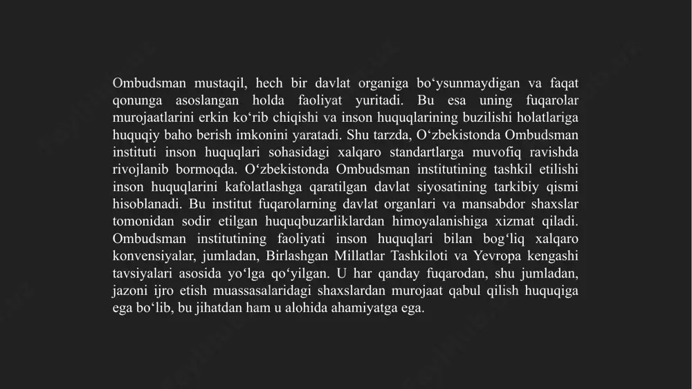 uqarolar huquqlarini himoya qilishdagi o'rni". tashkent: o‘zbekiston respublikasi oliy majlisi nashriyoti. xudoyberganov, m. (2019). "inson huquqlarini himoya qilishda ombudsman roli". toshkent: huquqshunoslik va demokratiya institutining nashri. davlatov, f. (2021). "ombudsman faoliyatining huquqiy asoslari va ularning samaradorligi". samarqand: samarqand davlat universiteti nashriyoti. rakhmonov, b. (2018). "o'zbekiston respublikasida ombudsman institutining huquqiy va ijtimoiy rivojlanishi". buxoro: buxoro davlat universiteti nashriyoti. saidov, d. (2022). "ombudsman va fuqarolik jamiyati: qonuniy va amaliy yondashuvlar". toshkent: o'zbekiston respublikasi adliya vazirligi nashriyoti. etiboringiz uchun rahmat! image2.jpeg image3.jpeg image4.jpeg /docprops/thumbnail.jpeg
