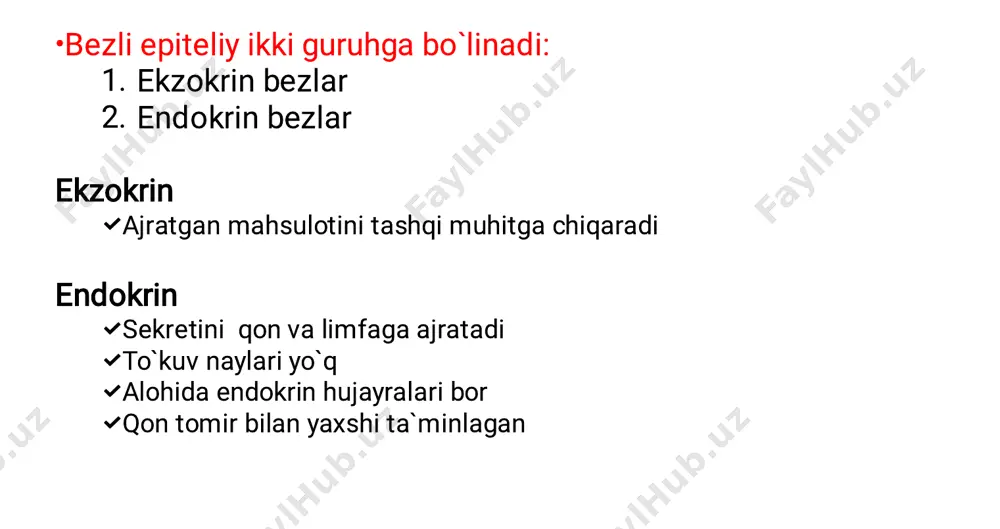 va lyutenlovchi gormon ishlab chiqaradi hujayrasi – kichik, ovalsimon yadrosi –yumaloq, ekddentrik 2.basofil hujayralar       tirotropotsitlar –tireotropin ya`ni tireotrop stimullovchi gormon ishlab chiqaradi tireotropin qalqonsimon bezga(gl.thyroidea)ta`sir qiladi hujayrasi-yirik,poligonal,burchakli yadrosi markazda joylashgan sekretor granulalari mayda,bazofil mitoxondrya,edp, golji majmuasi yaxshi rivojlangan gipofiz oraliq bo`lagi kelib chiqishiga ko`ra adenogipofizga mansub melanin stimullovchi gormon va lipotropin ishlab chiqaradi    1. 2. 3. neyrogipofiz bu bo`lakda sekretor hujayralar mvjud emas gipotalamusning supraoptik va preventrikular yadrolarining aksonlari tugaydi hamda adg va oksitotsin gormoni aksovazal transport orqali qonga o`tadi komponentlari: pituitsitlar aksonlar qon-tomirlar gipofizning qon aylanish sistemasi   • • • • epifiz o`rta miya sohasida joylashgan,qadoqsimon tana ostida joylashgan 4ta asosiy komponentdan iborat: biriktiruvchi to`qimali karkas pinelotsitlar glial hujayralar kapillarlar     biriktiruvchi to`qimali karkas – kapsula va undan chiquvchi to`siqlarni o`z ichiga oladi pinealotsitlar-yirik neyrosekretor hujayralar bo`lib,gormonlar sintezlaydi glial hujayralar- pinealotsitlar orasida joylashgan bo`lib,mayda,o`simtali,zich astrotsitlardan …