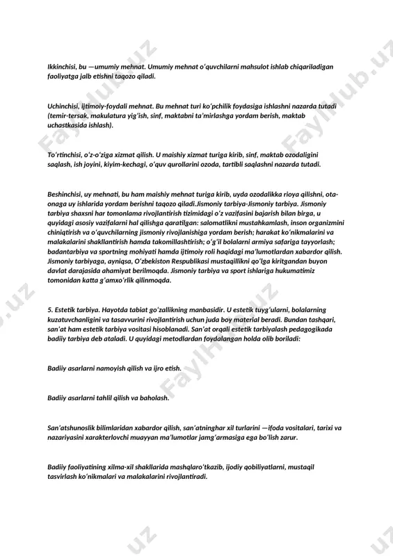 bo’linadigan jarayon emas. shuning uchun bu jarayon bolalarni maktabda ketishi bilanoq boshlanadi va uni tamomlagunicha va undan keyin ham davom etadi. shuningdek, bu jarayon-o’qituvchi va o’quvchilar o’rtasida tashkil etuvchi hamda aniq maqsadga yo’naltirilgan hamkorlik jarayonidir. tarbiyaning asosiy vazifasini tarbiyalanuvchining ongi shakllana boradi, his-tuyg’ulari rivojlanadi, ijtimoiy hayot uchun zarur bo’lgan ijtimoiy aloqalarni tashkil etishga xizmat qiluvchi jarayon sifatida qaraladi. har bir tushunchani ikki tomonlama ya’ni keng va tor ma’noda tushunish mumkin. uni keng ma’noda, tarbiya shaxsga jamiyatning ta’sir etishga, ijtimoiy hodisa sifatida qaraladi. mazkur holatda tarbiya ijtimoiylashtirish bilan uyg’unlashadi. tor ma’nodagi tarbiya deganda, pedagogik jarayon sharoitida ta’lim maqsadini amalga oshirish uchun pedagog va tarbiyalanuvchilar maxsus tashkil etilgan faoliyatoni tushunish mumkin. tarbiyaning asosiy maqsad va vazifalari jamiyat a’zolarining maqsadga yo’naltirilgan rivojlanishi hamda ularning qator ehtiyojini qondirish uchun shart-sharoit yaratish. shuningdek, bobolarimiz aytishganidek ta’limni tarbiyadan tarbiyani esa ta’limdan ajratib bo’lmaydi,shuning uchun ular uzviy bog’liq 3.aqliy tarbiya-aqliy tarbiya. aqliy tarbiyani shakllantirishda faqat tushuncha va …