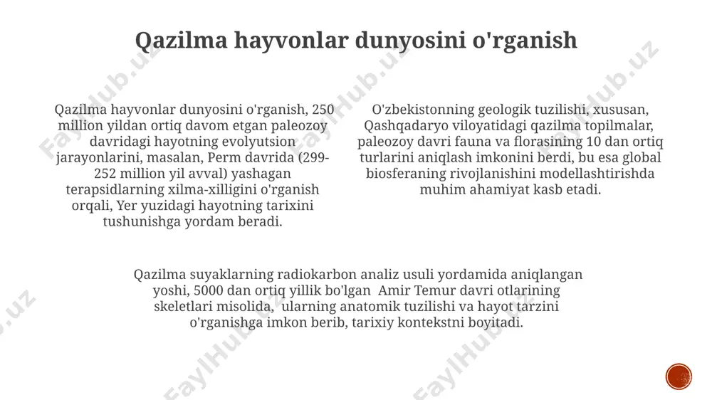 volyutsiyani tushunishga katta hissa qo'shdi. paleontologiya, 3,5 milliard yil avvalgi stromatolitlar kabi qadimgi mikroorganizmlarni o'rganish orqali, yerda hayotning paydo bo'lishi va dastlabki evolyutsion jarayonlarini tushunishga yordam beradi, masalan, avstraliya va afrikadagi topilmalar shu jarayonga yoritish ochadi. paleontologik muzeylar va kolleksiyalar rossiyaning sankt-peterburg shahridagi paleontologiya muzeyi kabi yirik muassasalar millionlab yillar davomida yer yuzida yashagan organizmlar haqida qimmatli ma'lumotlarni oʻz ichiga olgan noyob kolleksiyalarga ega. paleontologik muzeylar dunyo boʻylab 10 000 dan ortiq qazilma namunalarini, jumladan, dinozavr skeletlari, ammonitlar va boshqa koʻplab qadimiy hayot shakllarining qoldiqlarini saqlaydi. aqshning smitsonian milliy tabiiy tarix muzeyi kabi muzey kolleksiyalari paleontologik tadqiqotlar uchun muhim ahamiyatga ega boʻlib, 300 000 dan ortiq qazilma namunalarni oʻz ichiga oladi va ilmiy izlanishlar uchun ochiqdir. yer tarixini tiklash yer yuzidagi turli mintaqalardan, jumladan, g'arbiy osiyo va shimoliy amerikadan topilgan 3000 dan ortiq dinozavr qoldiqlarini tahlil qilish orqali ularning tarqalishi va o'zaro munosabatlarini aniqlash paleontologiyaning asosiy vazifalaridan biridir. paleontologiya fanining …