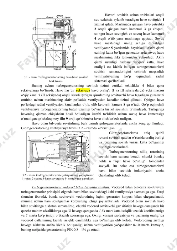 eneratorlarning nominal quvvatlari shkalasi standartlashtirilmagan. rotorning nominal toki - generatorning eng katta uyg‘otish toki bo‘lib, statorning kuchlanishi nominal miqdoridan 5% atrofida o‘zgarib turganida va nominal quvvat koeffitsientida generator shu tokda nominal quvvat bera oladi. nominal quvvat koeffitsienti standartga muvofiq va undan kichik quvvatli generatorlar uchun ; quvvati gacha bo‘lgan turbogeneratorlar va gacha bo‘lgan gidrogeneratorlar uchun ; kata quvvatli mashinalar uchun qabul qilinadi. kapsulali gidrogeneratorlar uchun, odatda, . har qanday generator nominal yuklama va nominal quvvat koeffitsientidagi fik bilan xarakterlanadi. hozirgi generatorlarda nominal fik atrofida o‘zgarib turadn. generatorlarning sovitish tizimi. sinxron generatorning ishlash vaqtida uning chulg‘amlari va aktiv po‘lati qiziydi. stator va rotor chulg‘amlarining yo‘l qo‘yiladigan qizish temperaturasi birinchi navbatda, foydalaniladigan izolyatsiya materiallari va sovituvchi muhit temperaturasiga bog‘liq. standartlarga ko‘ra v sinfidagi izolyatsiya materiallari (asfalt - bitum asosidagi lok) uchun stator chulg‘amining yo‘l qo‘yiladigan temperaturasi , rotor uchun esa chegarasida bo‘lishi kerak. stator va rotor chulg‘amlari izolyatsiyasining issiqqa chidamliligi yuqori, masalan, …