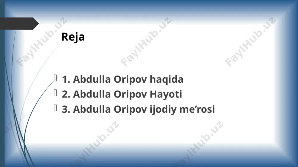 n tamomlagan oripov toshkent milliy universitetining jurnalistika fakultetiga o‘qishga kirib, uni ham 1963 yilda imtiyozli diplom bilan yakunlaydi. a s a r l a r i birinchi marta respublika matbuotida „qushcha“ deb atalgan sheʼri chiqqan paytda abdulla oripov talaba edi. shoirning birinchi sheʼrlar toʻplami „mitti yulduz“ esa 1965-yilda chop etilgan. undan keyin „koʻzlarim yoʻlingda“ (1967), „onajon“ (1969), „ruhim“ (1971), „o’zbekiston“, „qasida“ (1972), „xotirot“ (1974), „yurtim shamoli“ (1974), „jannatga yoʻl“ (1978), „hayrat“ (1979), „hakim va ajal“ (1980), „najot qalʼasi“ (1981), „yillar armoni“ (1983), „haj daftari“ (1992), „saylanma“ (1996), „sohibqiron“ (1996), toʻrt tomlik „tanlangan asarlar“ (2000–2001) singari qator kitoblari bosilib chiqdi. she’riy to’plamlari «mitti yulduz» «ko‘zlarim yo‘lingda» «onajon» «ruhim» «o‘zbekiston» «yurtim shamoli» abdulla oripov o‘zbekiston respublikasi davlat madhiyasining matni muallifi ekani bilan ham xotiralarda saqlanib qoladi. 1941-2016 marhum shoir, o‘zbek zamonaviy she'riyatining “navoiy”si abdulla oripovni alloh rahmat etsin, yaxshi amallarini o‘ziga hamroh aylasin! e’tiboringiz uchun rahmat image1.jpg image2.jpeg image3.jpg image4.jpeg image5.jpg image6.jpeg …