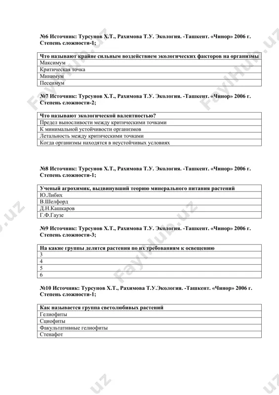 ов х.т., рахимова т.у.экология. -ташкент. «чинор» 2006 г. степень сложности-1; как называется группа светолюбивых растений гелиофиты сциофиты факультативные гелиофиты стенафот №11 источник: турсунов х.т., рахимова т.у.. экология. -ташкент. «чинор» 2006 г. степень сложности-1; какими учеными был открыт фотопериодизм в.гарнер и аллард ж.б.ламарк в.и.вернадский в.в.алехин №12 источник: турсунов х.т., рахимова т.у. экология. -ташкент. «чинор» 2006 г. степень сложности-1; сколько светового времени нужно растениям короткого дня в течение дня меньше 12 часов больше 12 часов 13часов 12-15 часов №13 источник: турсунов х.т., рахимова т.у. экология. -ташкент. «чинор» 2006 г. степень сложности-2; в зависимости от температуры на сколько делятся экологические группы растений 2 4 5 6 №14 источник: турсунов х.т., рахимова т.у. экология. -ташкент. «чинор» 2006 г. степень сложности-1; в зависимости от приспособления к пониженной температуры на сколько делятся экологические группы растений 3 2 4 6 №15 источник: турсунов х.т., рахимова т.у. экология. -ташкент. «чинор» 2006 г. степень сложности-2; в жизни животных сколько …