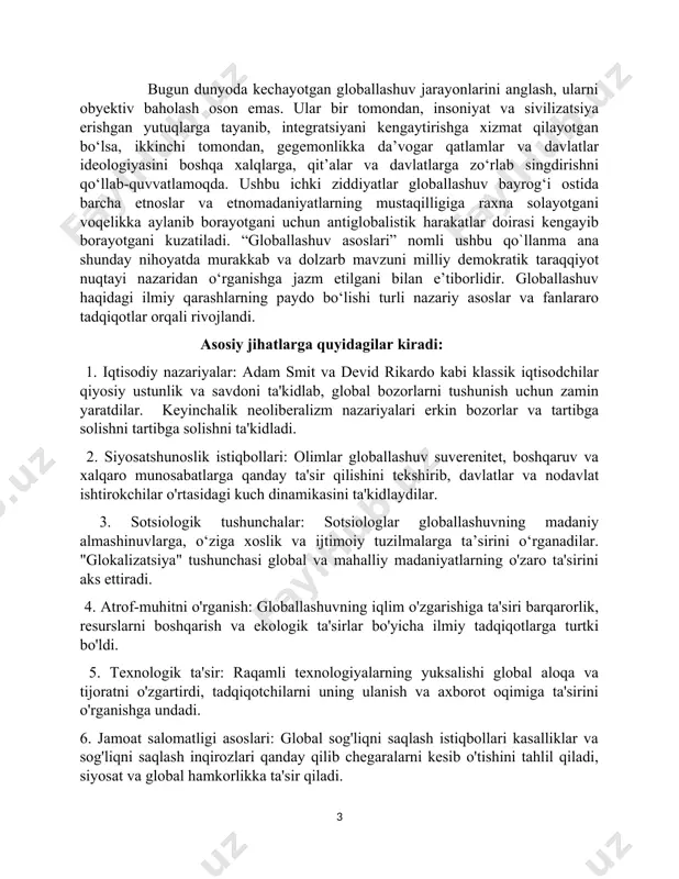 rashlar uning murakkab, ko'p qirraliligini ko'rsatadi, uning muammolari va imkoniyatlarini hal qilish uchun fanlararo muloqotni rivojlantiradi. qo`llanmada globallashuv alohida fenomen sifatida tadqiq etiladi, uning genezisidan tortib to xalqaro aloqalarni ifoda etuvchi voqelikka ko‘tarilish bosqichlarigacha ochib beriladi. “globallashuv asoslari” deb nomlangan ushbu qo`llanma globallashuvning yuzaga kelishi, ijtimoiy hayot sohalariga ta’siri xususidagi bilimlarni oshirishga hamda ilmiy tafakkurni shakllantirishga mo‘ljallangan. globallashuvning xalqaro voqelik ekanligi xorijiy adabiyotlarda mavjud globallashuvga xos bo‘lgan iboralarni qo‘llashni taqozo etadi. ushbu qo`llanmada o‘zbekistonga va o‘zbek xalqiga xos bo‘lgan gnoseologik tajribalar, etnoan’analar va madaniy meros, ularni asrash, ko‘paytirish muammolari muhokama qilingan. eng muhimi fuqarolarni o‘z xalqi, millati manfaatlari nuqtayi nazaridan baholashga o‘rgatadi. “globallashuv bilan etnomadaniyatlar to‘qnashuvi real voqelikka aylangan. lekin bu ziddiyatlar umuminsoniy qadriyatlar foydasiga hal etilsa-da, etnomadaniy omilning determenistik rolini unutmaydi. xullas, qo‘llanmada o‘ta murakkab voqelikni ziddiyatlar bilan ochib berilgani o‘quvchini befarq qoldirmaydi, uni o‘ylashga, goho bahslashishga chorlaydi. falsafiy g‘oyalar doimo turli yondashuvlarni keltirib chiqargan, fikrlar plyuralizmi esa shaxs …
