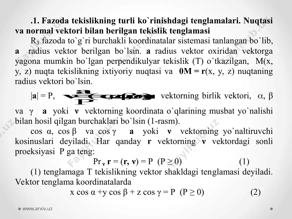 an: 0 ) 1 (z 2 ) 3-(y4 -2)(x1  yoki x – 4y + 2z + 16 = 0. 1.2. berilgan uch nuqtadan o `tuvchi tekislik tenglamasi. tekisliklar orasidagi ikki yoqli burchak. tekisliklarning perpendikulyarlik va parallellik shartlari fazoda bir to`g`ri chiziqda yotmaydigan uchta (x 1 ; y 1 ; z 1 ), (x 2 ; y 2 ; z 2 ) va (x 3 ; y 3 ; z 3 ) nuqtalar berilgan bo `lib, ular orqali o `tuvchi yagona tekislik tenglamasini tuzish masalasi qo `yilgan bo`lsin. tekislik (x 1 ; y 1 ; z 1 ) nuqtadan o`tgani uchun a(x-x 1 ) + b(y-y 1 ) + c(z-z 1 ) = 0 tenglama o`rinli, bu yerda a, b va c koeffitsientlar bir vaqtda nolga teng emas. tekislik berilgan ikkinchi ( x 2 ; y 2 ; z 2 ) va uchinchi (x 3 ; y 3 ; z …